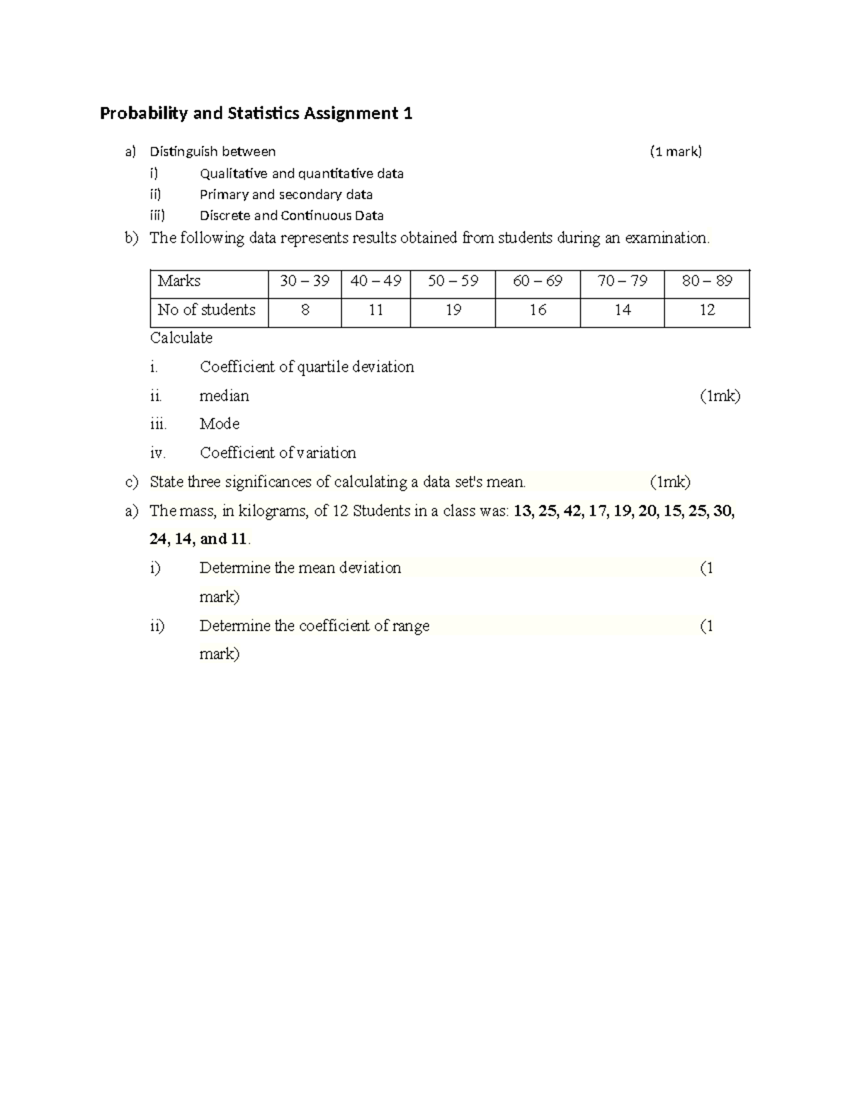 ASS 1: Probability and Statistics - Data Analysis and Calculations ...