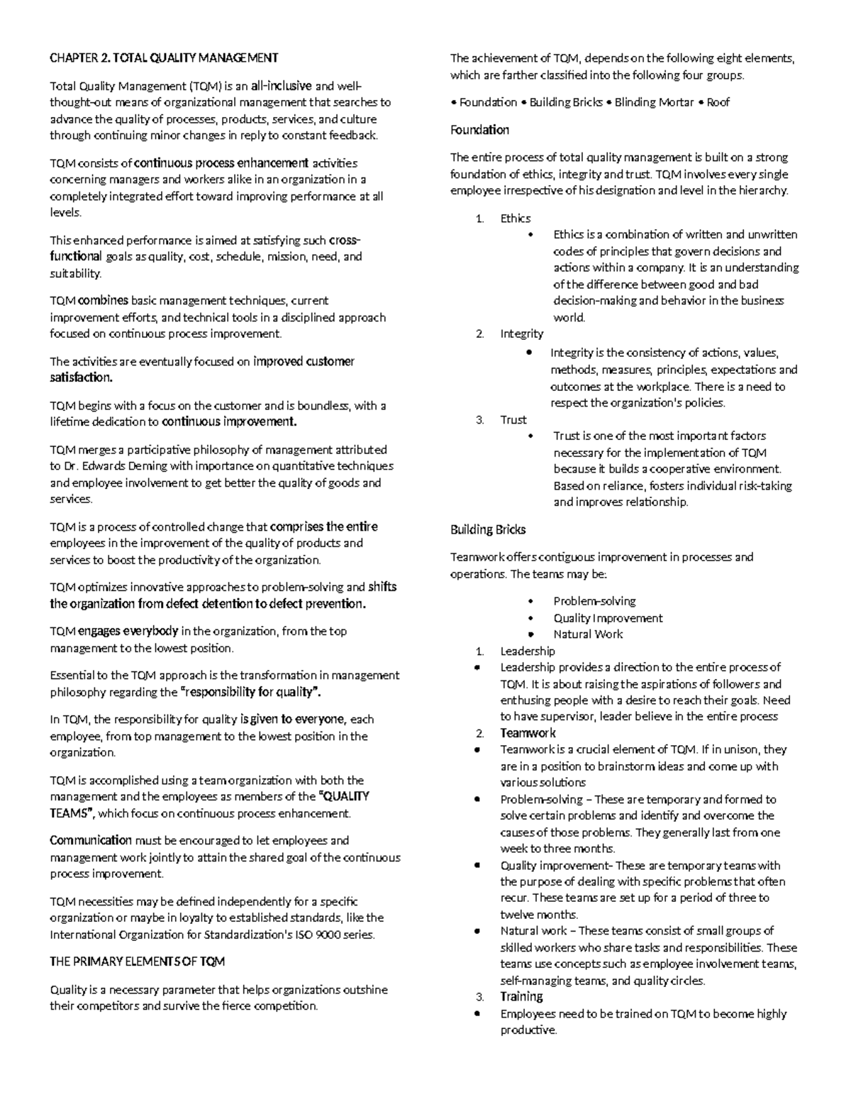 Chapter 2: Total Quality Management (TQM) Overview and Concepts - Studocu