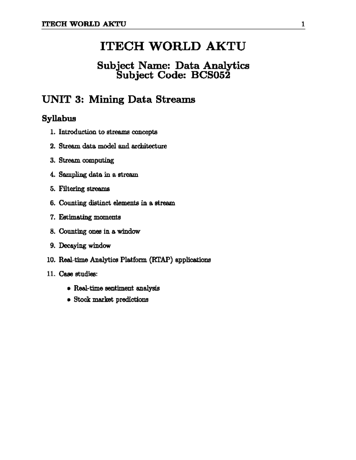Data Analytics BCS052: Mining Data Streams - Chapter 3 Notes - Studocu