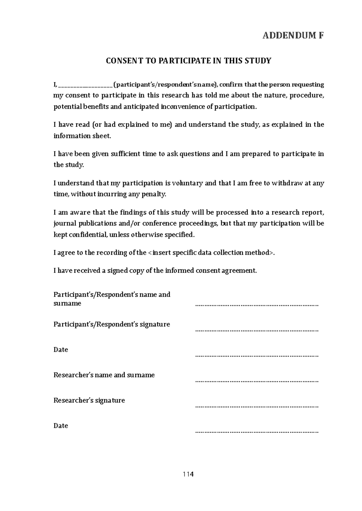 Addendum F: Consent to Participate in Research Study - Studocu