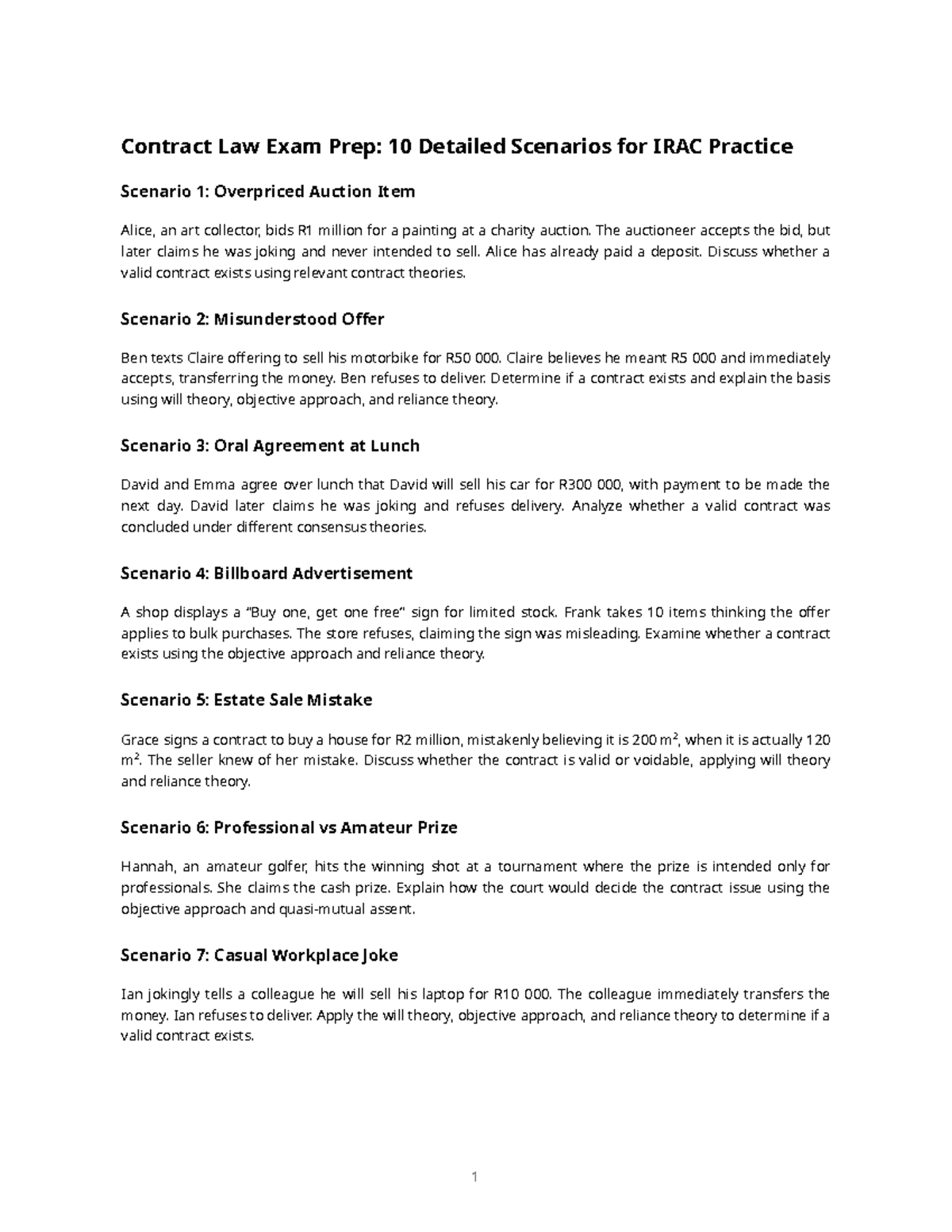 Contract Law Exam Prep: 7 Scenarios for IRAC Analysis - Studocu