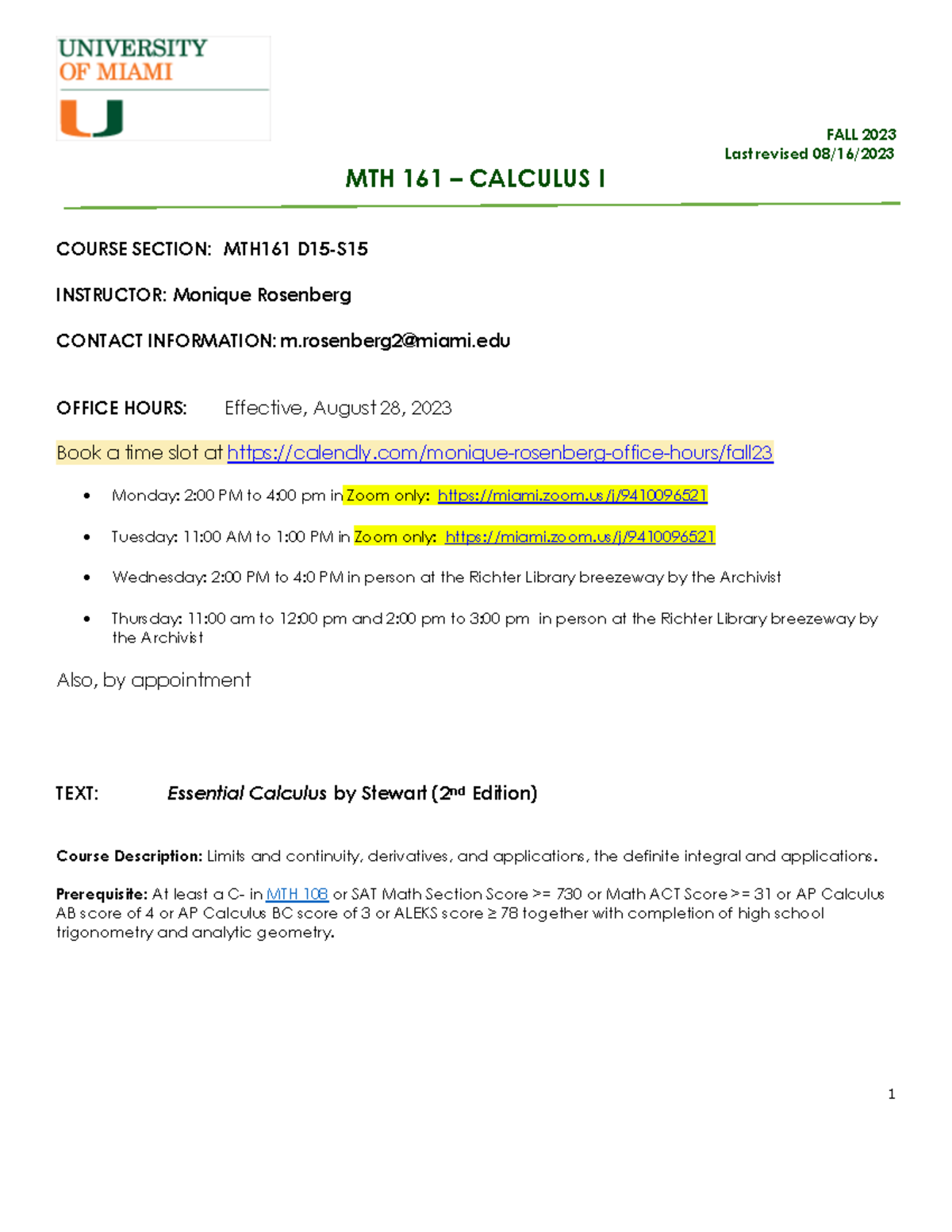 MTH 161 D15 Syllabus for Fall 2023 - Calculus I Course Overview - Studocu