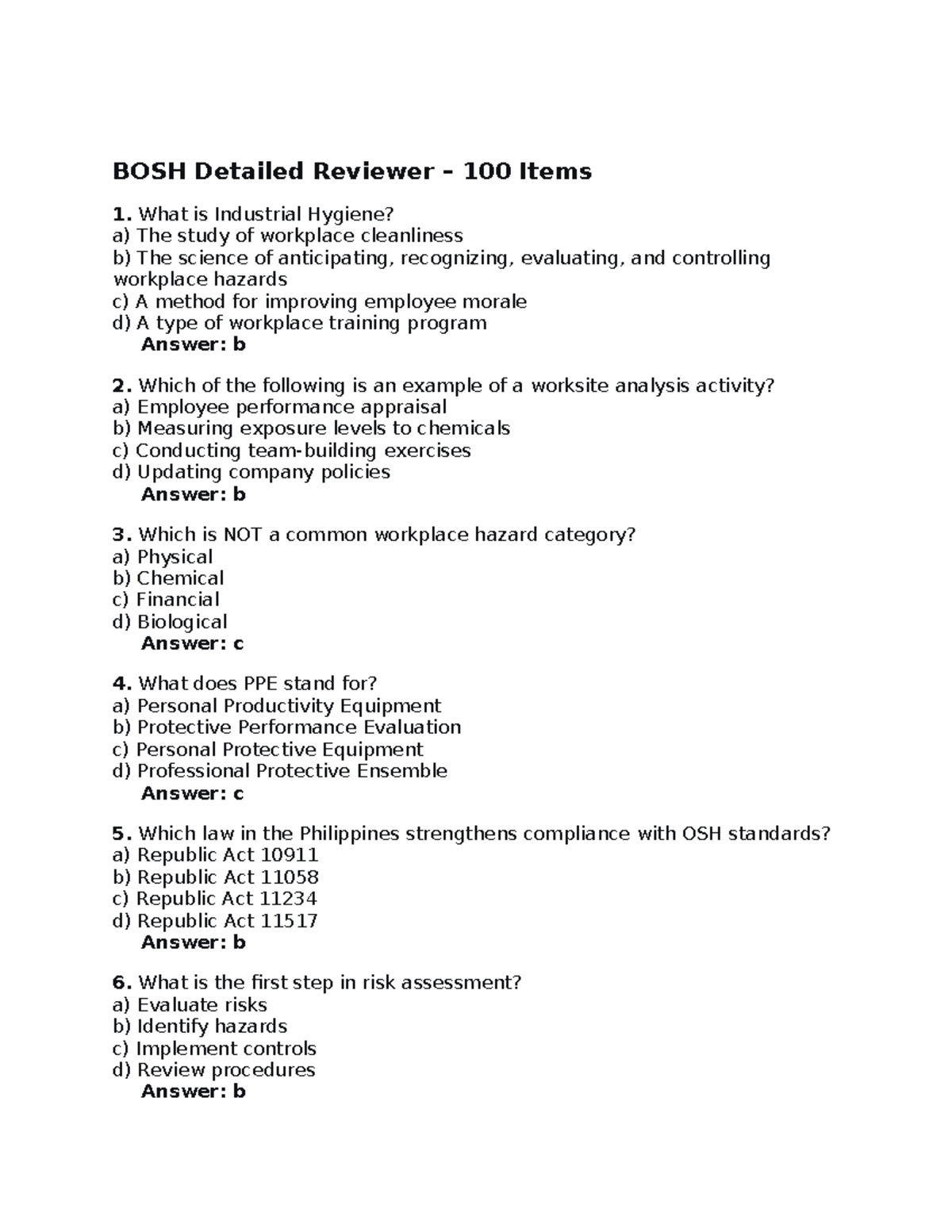 BOSH 100-Item Detailed Reviewer on Industrial Hygiene and OSH - Studocu