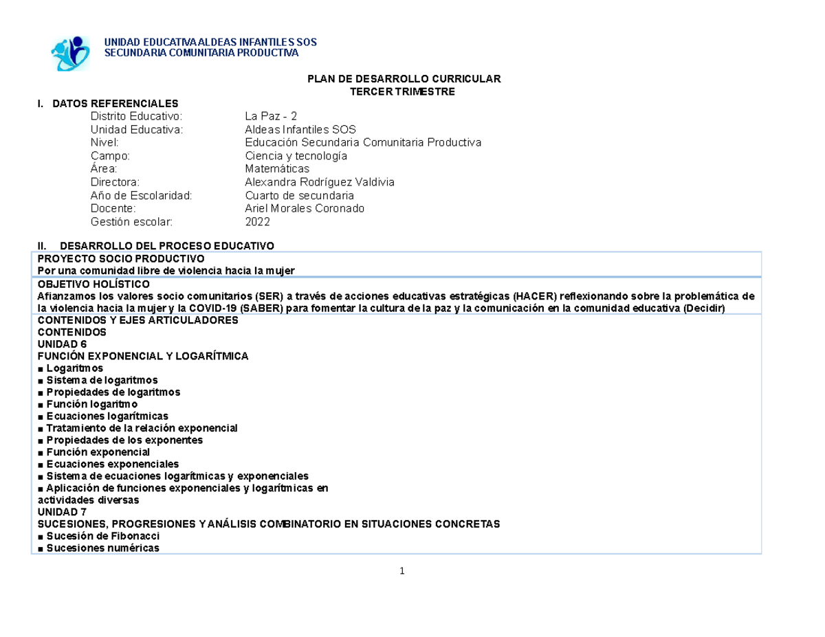 PDC 4TO MAT 2022 - Plan de Desarrollo Curricular Matemáticas - Studocu