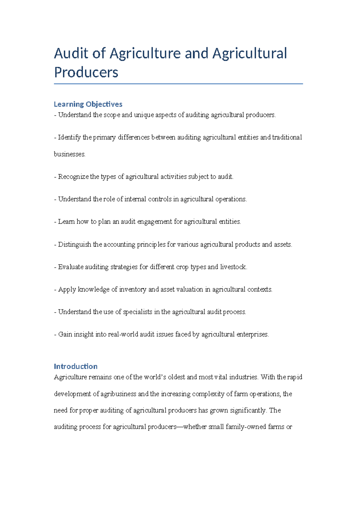Audit of Agriculture Producers: Key Insights & Considerations - Studocu
