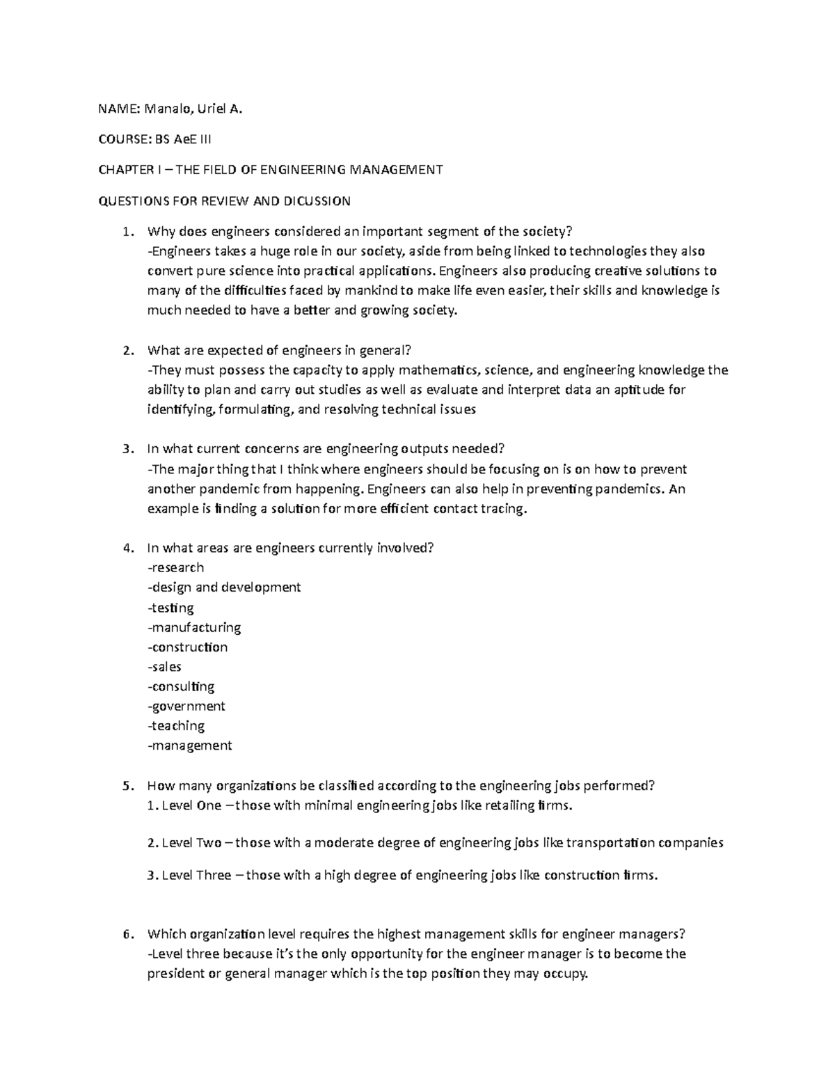 Eng Management BS AeE III Chapter 1 Review Questions & Answers - Studocu
