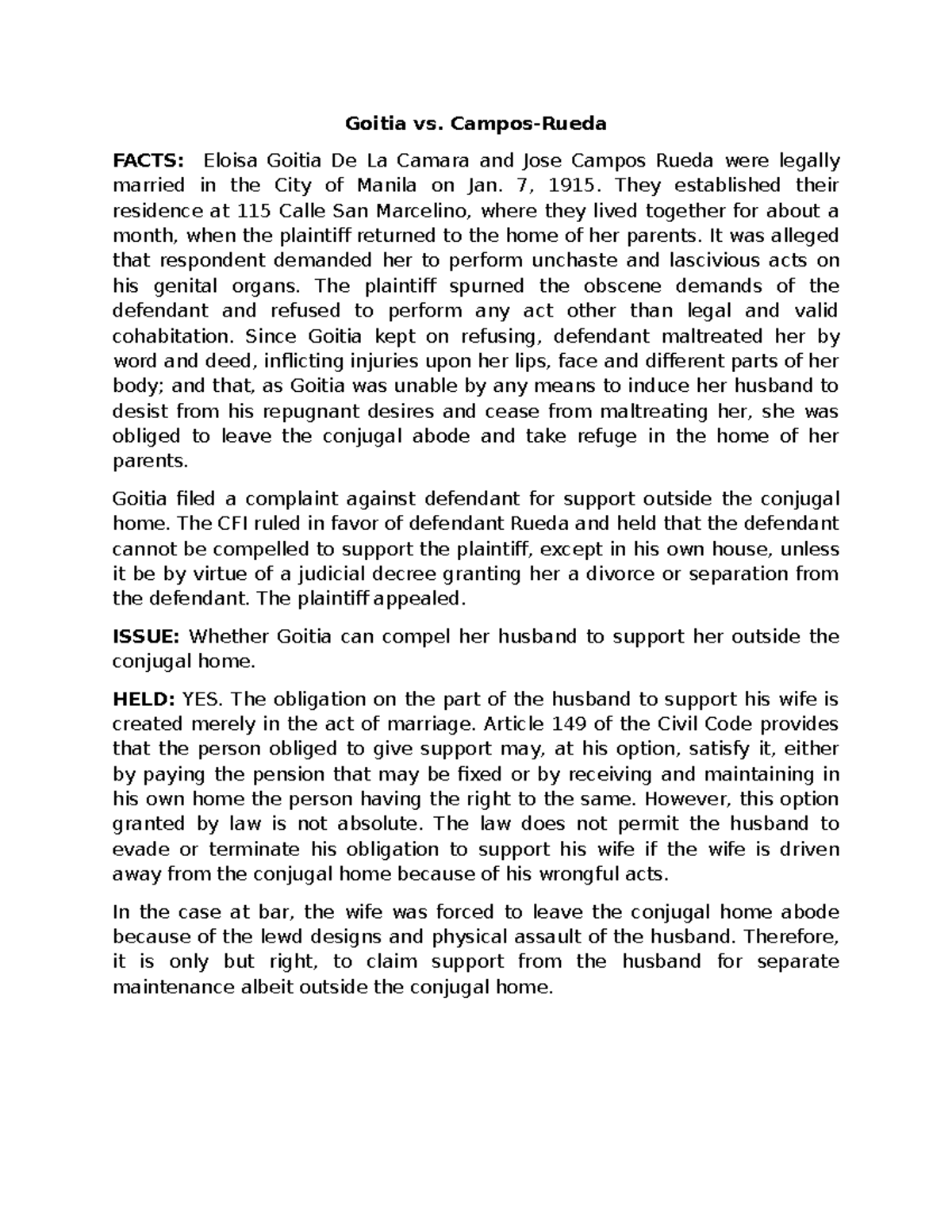 Goitia vs. Campos-Rueda: Support Obligation Outside Conjugal Home - Studocu