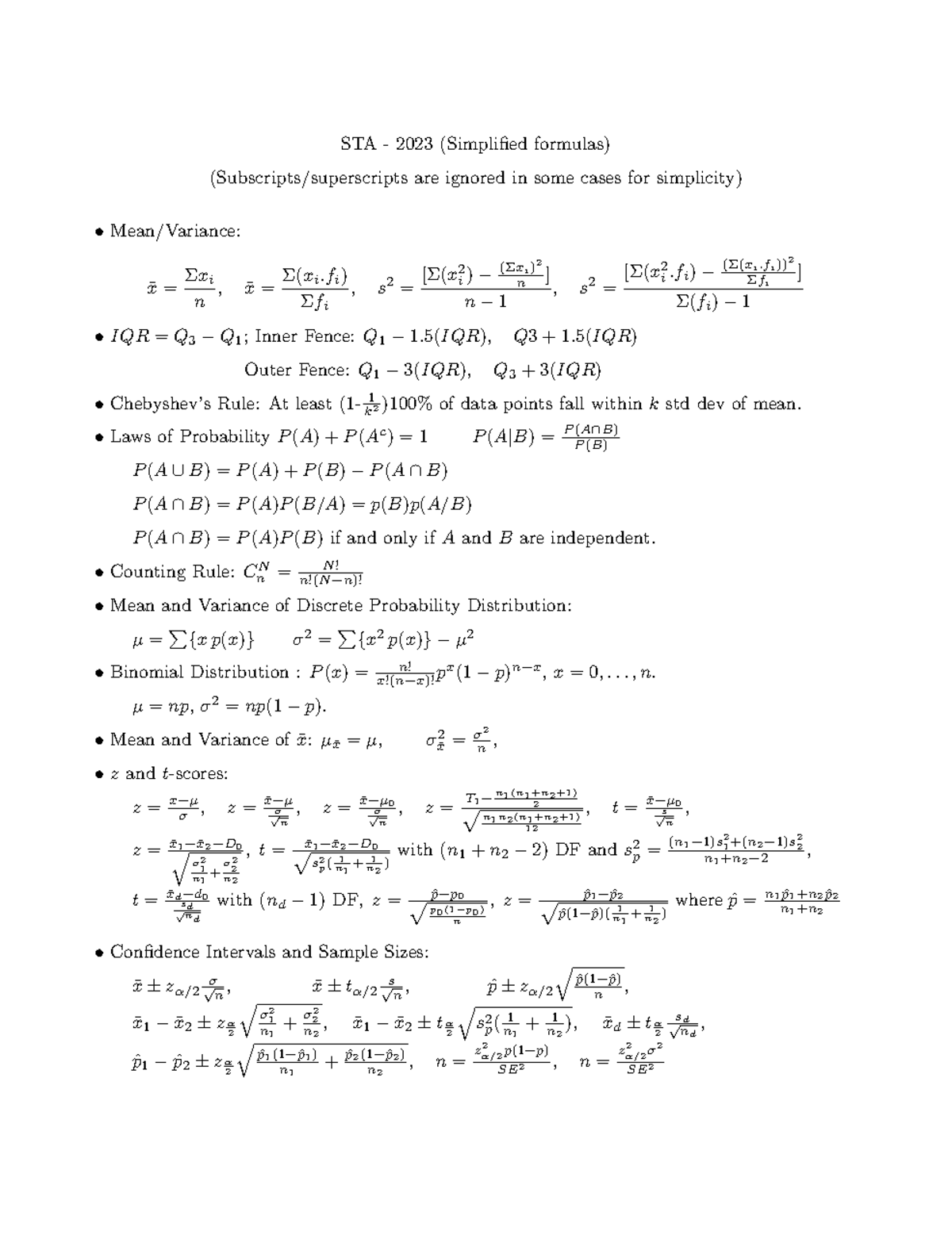 STA 2023: Key Statistical Formulas and Concepts Explained - Studocu
