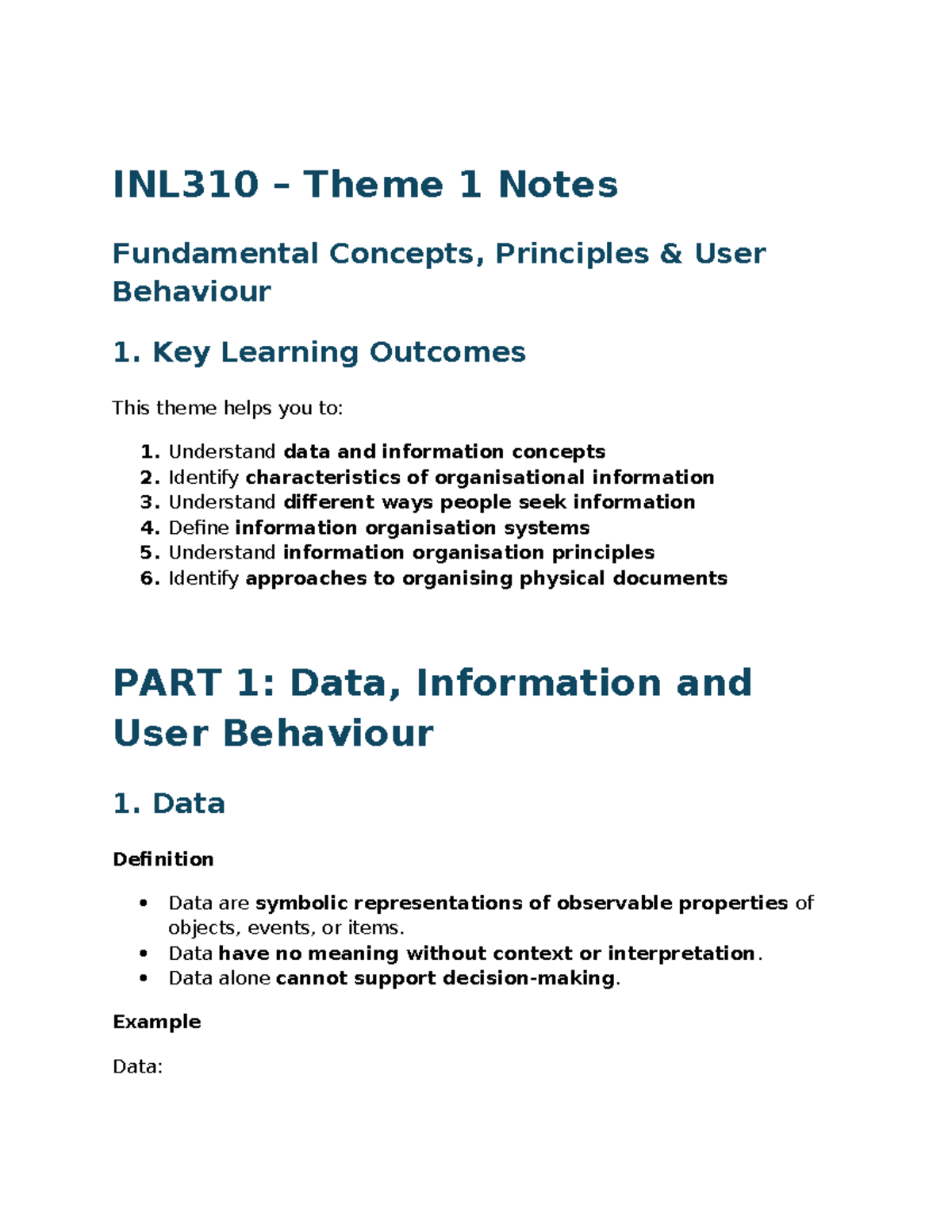 INL310 Theme 1 Notes: Data, Information, and User Behaviour Concepts ...