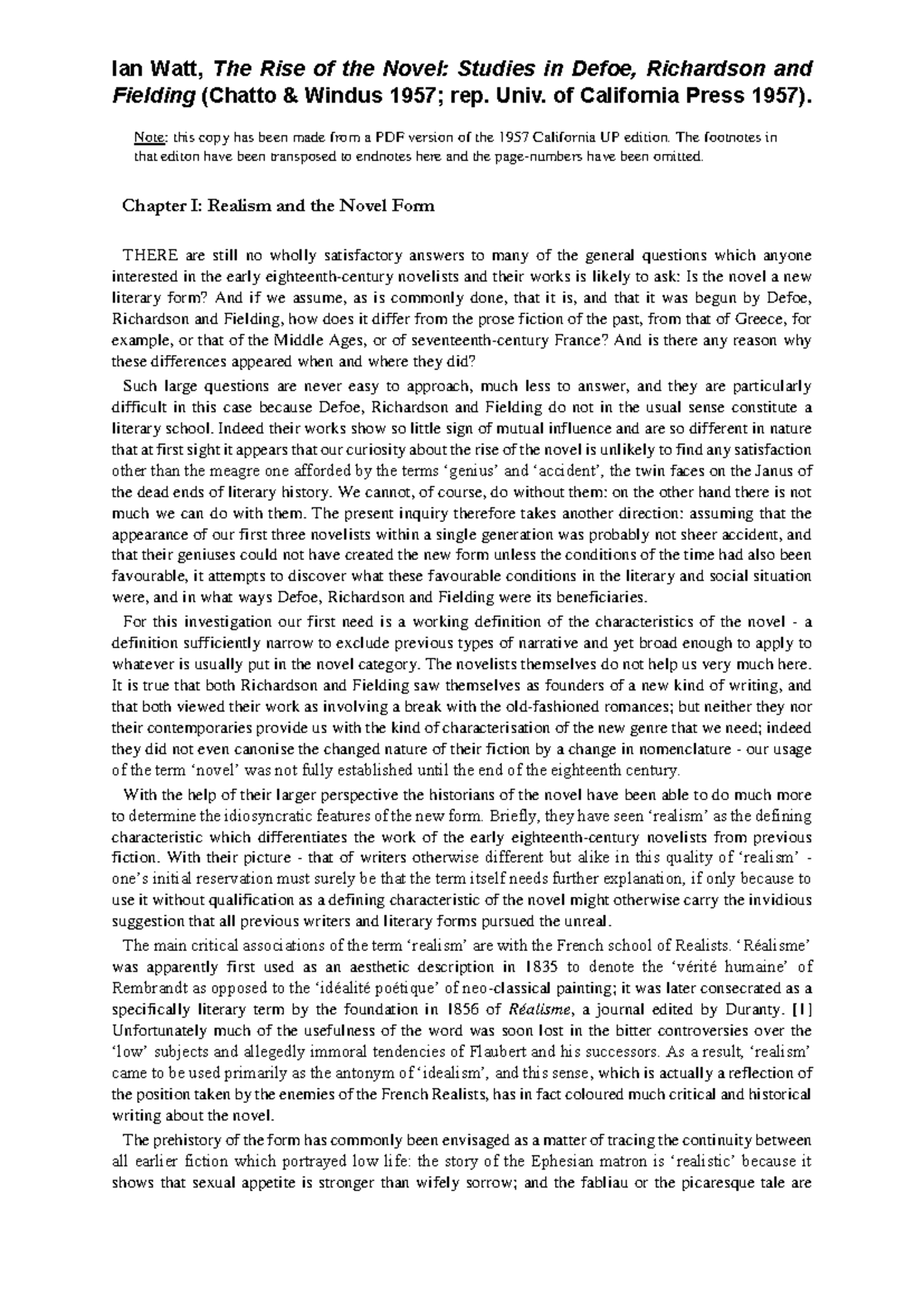 Ian Watt's "The Rise of the Novel" - Chapter 1: Realism Explored - Studocu