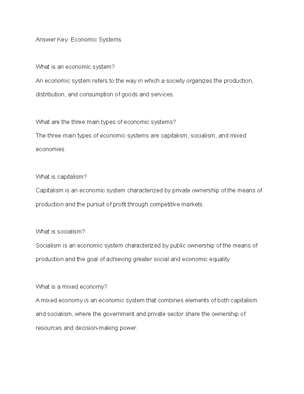Answer Key: Economic Systems Overview - College Economics Class - Studocu