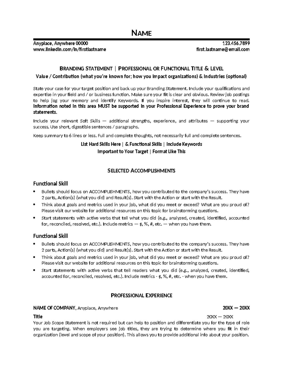 Functional Resume Template - NAME Anyplace, Anywhere 00000 123 ...