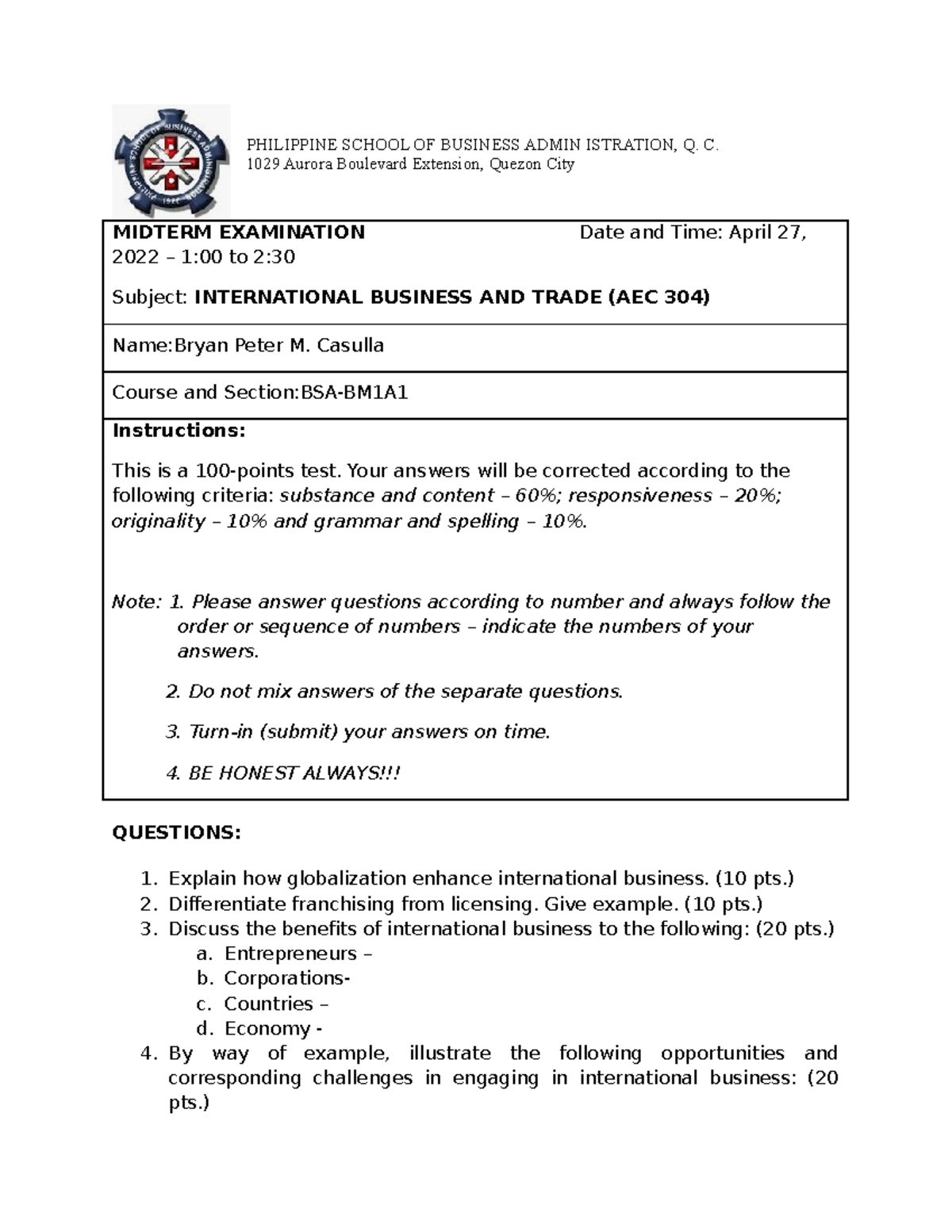 AEC 304 - Midterm Exam: International Business & Trade Insights - Studocu