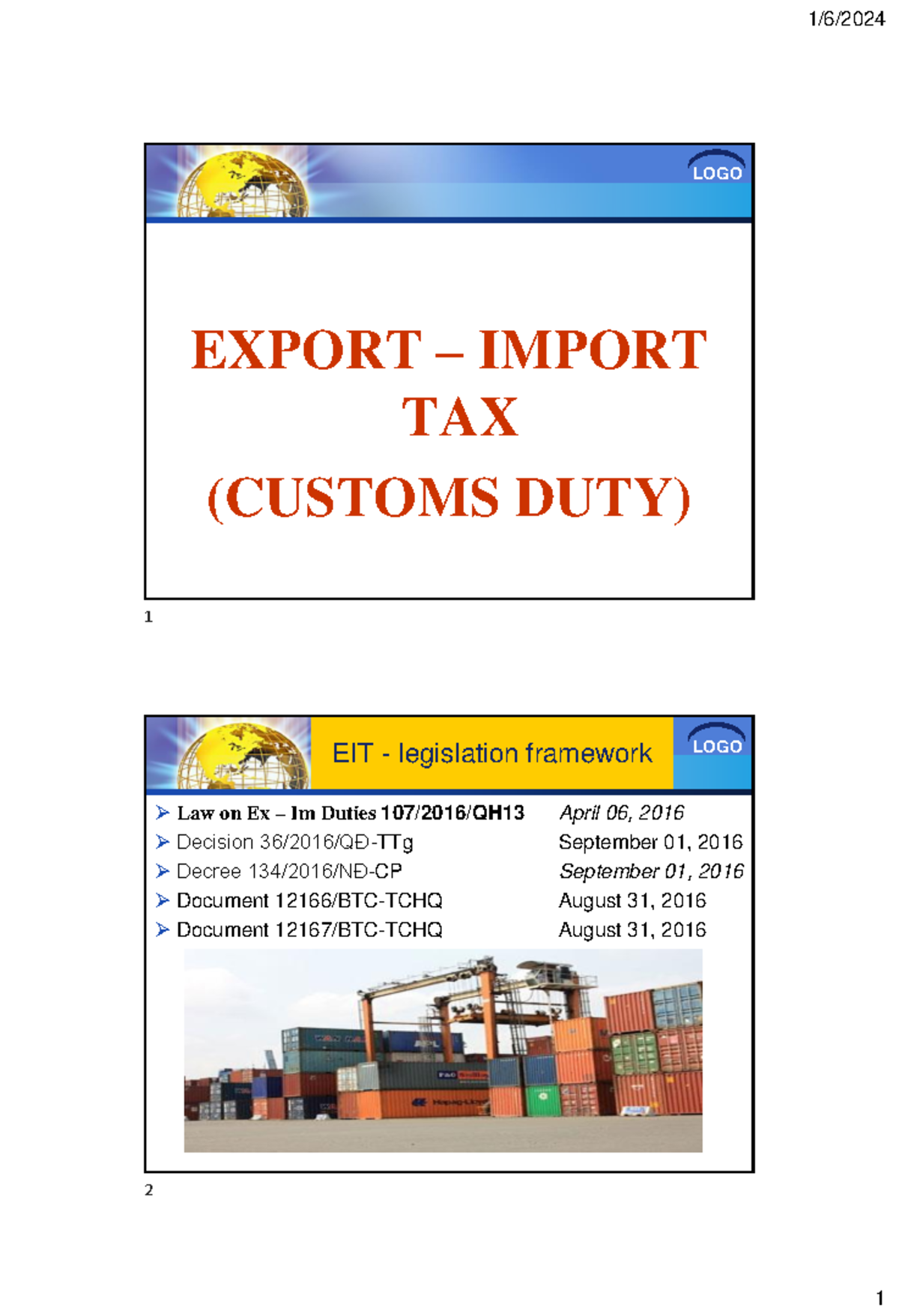 LOGO EXPORT IMPORT TAX (CUSTOMS DUTY) - EIT Legislation Overview - Studocu