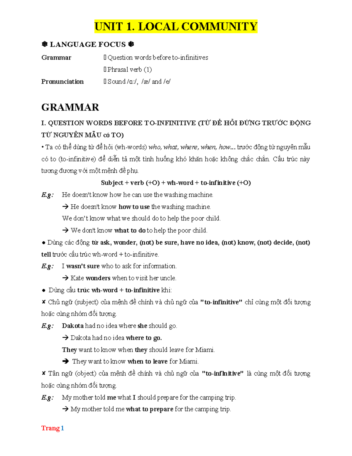 UNIT 1: LOCAL COMMUNITY LANGUAGE FOCUS - Grammar & Phrasal Verbs - Studocu