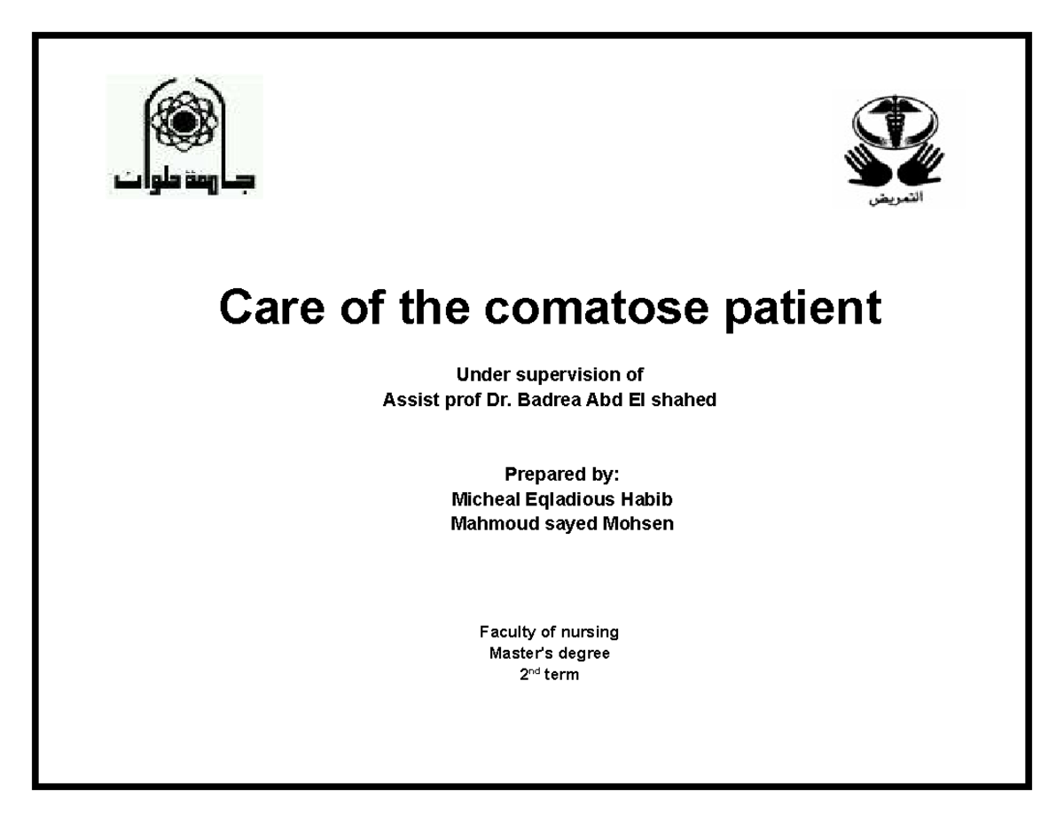 NUR 202: Care of the Comatose Patient - Lecture Notes and Management ...