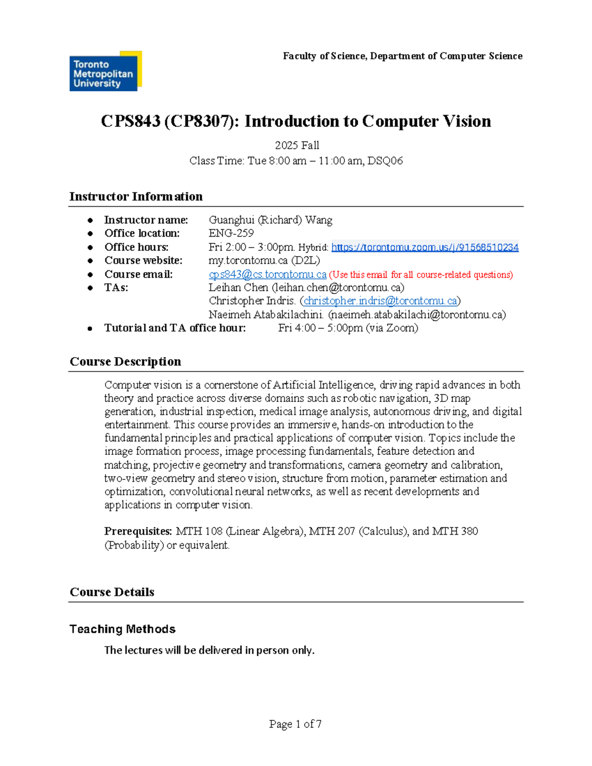 CPS843: Introduction to Computer Vision - Fall 2025 Course Outline ...