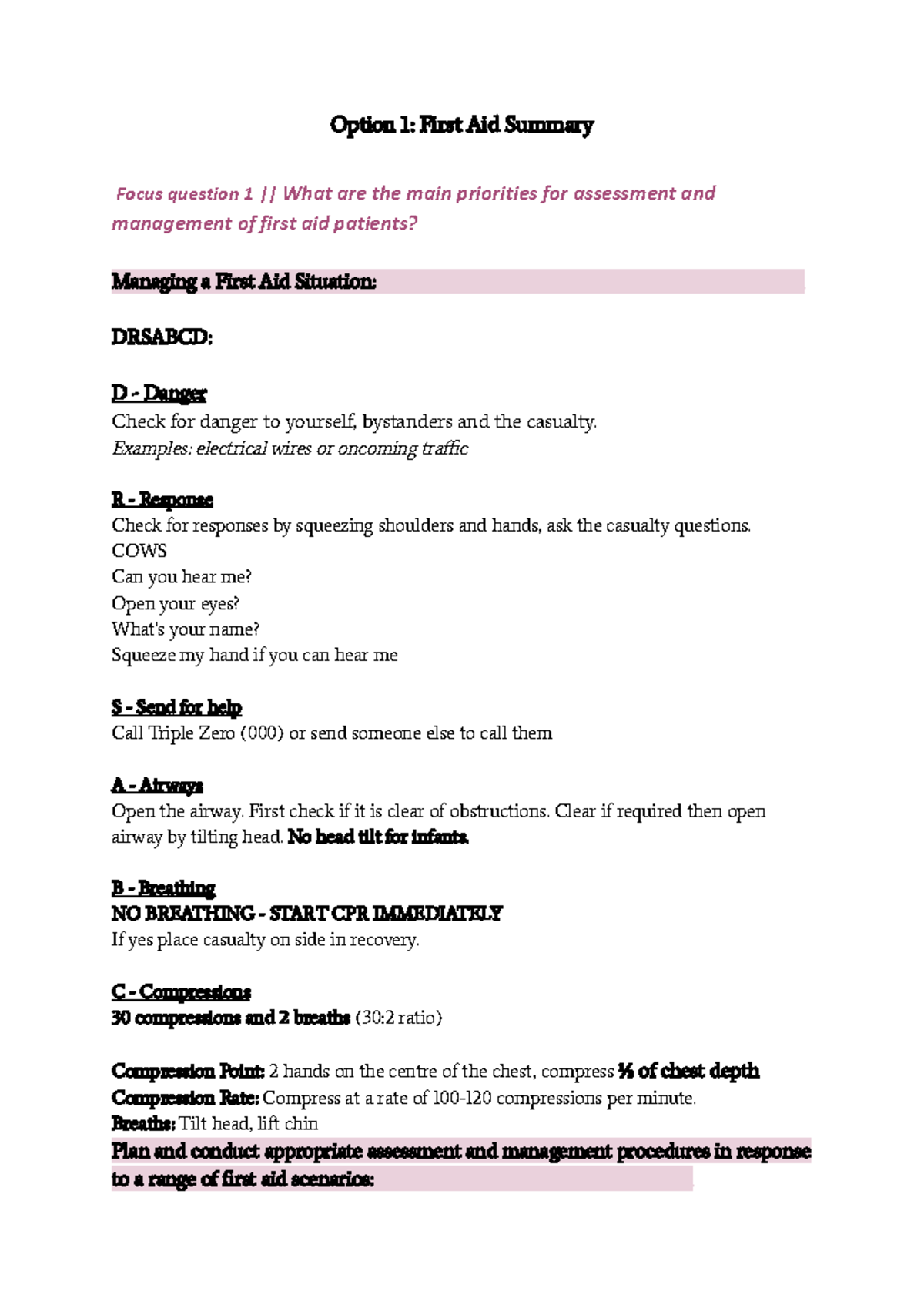 Option 1 First Aid Summary - Option 1: First Aid Summary Focus question ...