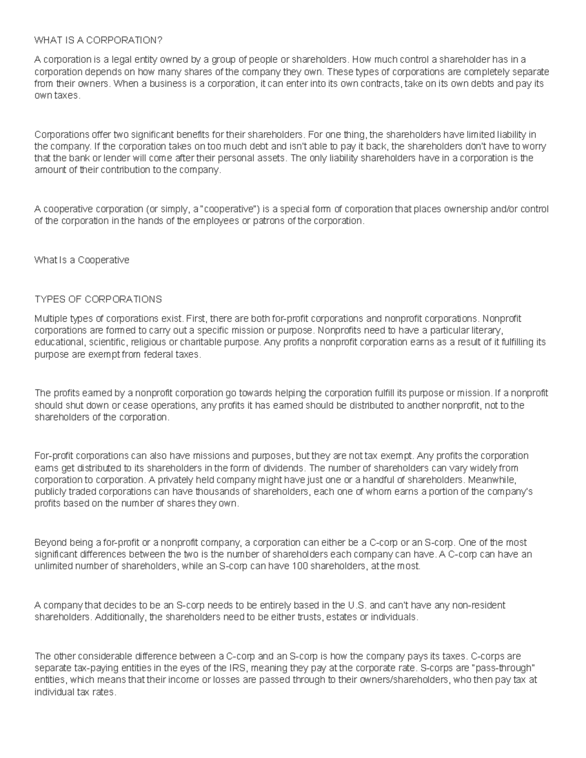 WHAT IS A CORPORATION? An Overview of Corporate Structures - Studocu