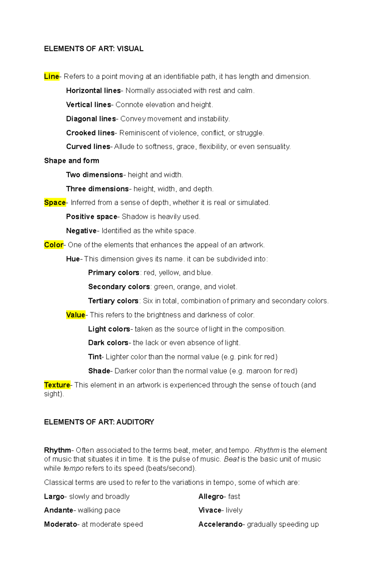 Elements of Art: Lecture Notes on Visual and Auditory Aspects - Studocu