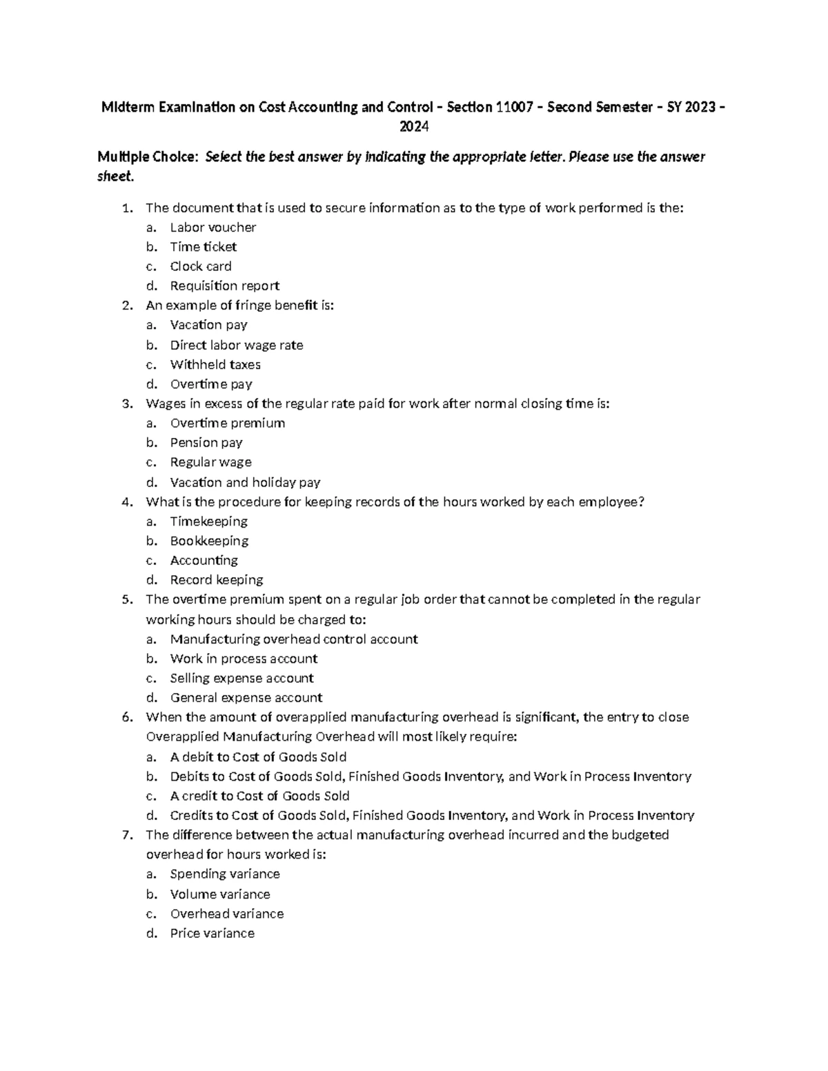 Cost Accounting Prelim Exam Questions - Section 11007 - AY 2023 - Studocu