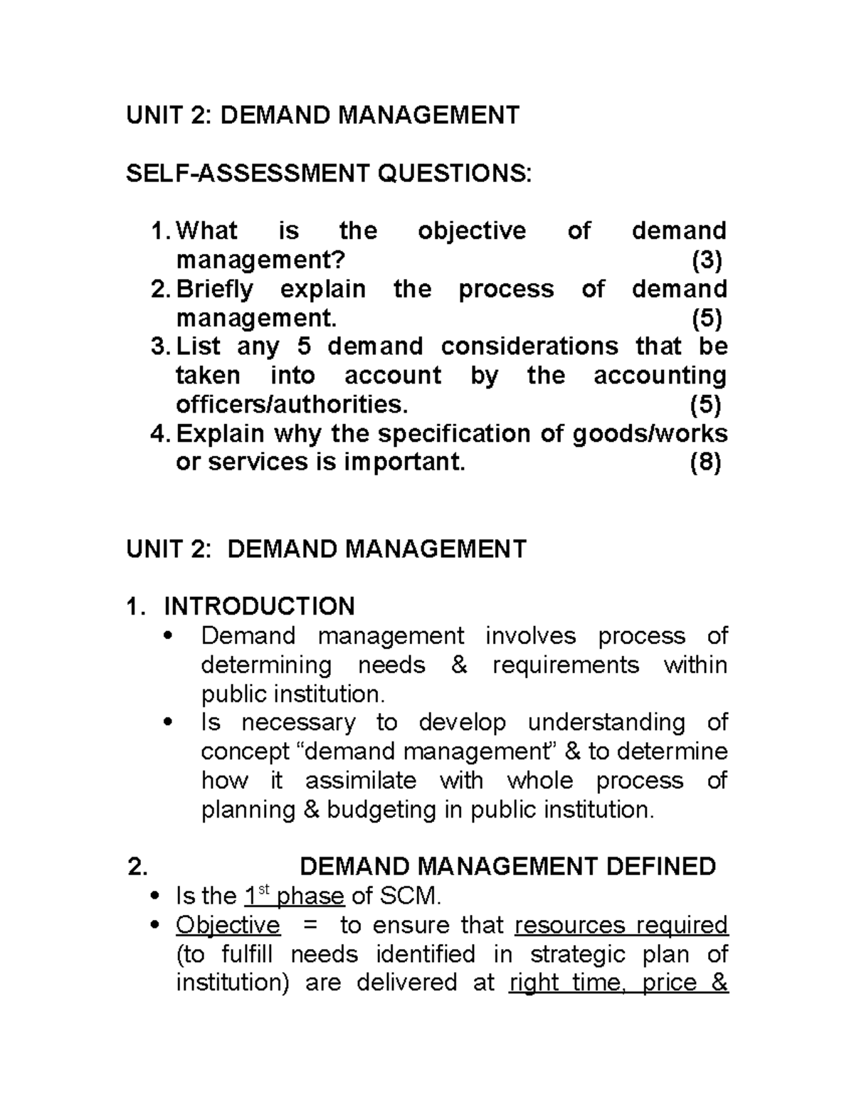 UNIT 2 - Demand Management Lecture Notes: Key Concepts & Questions ...