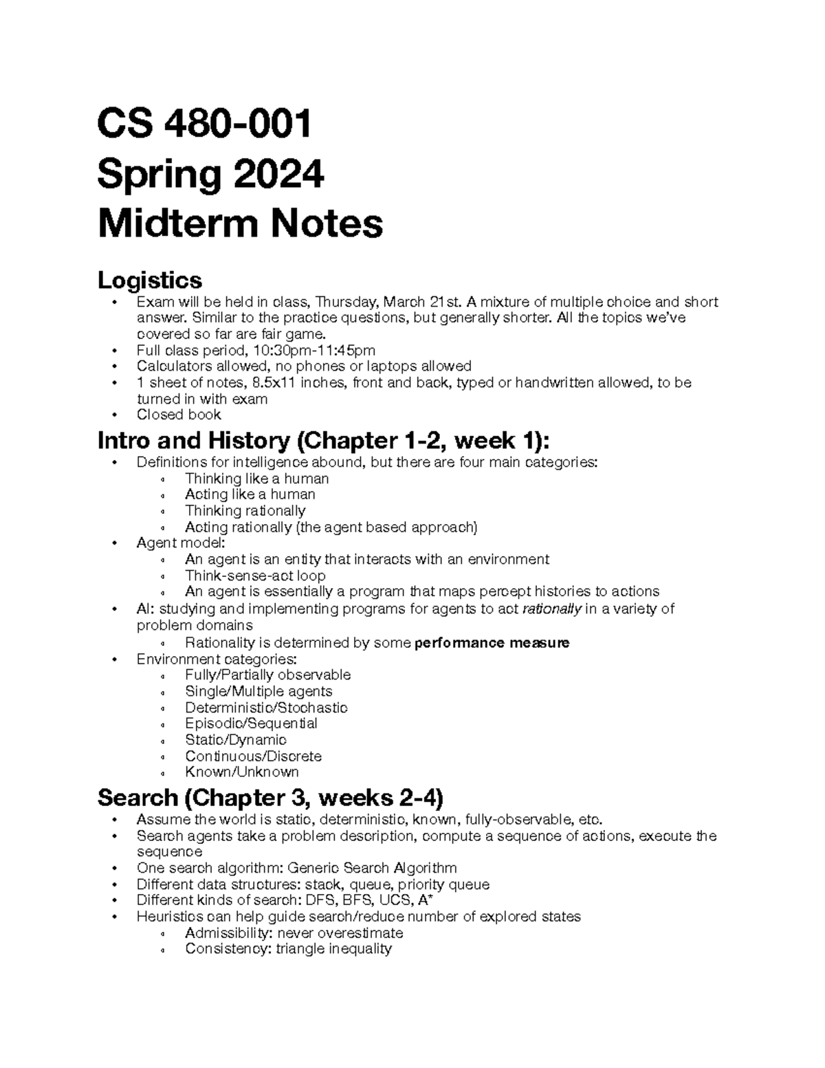 CS480 Spring 2024 Midterm Study Notes and Exam Overview - Studocu