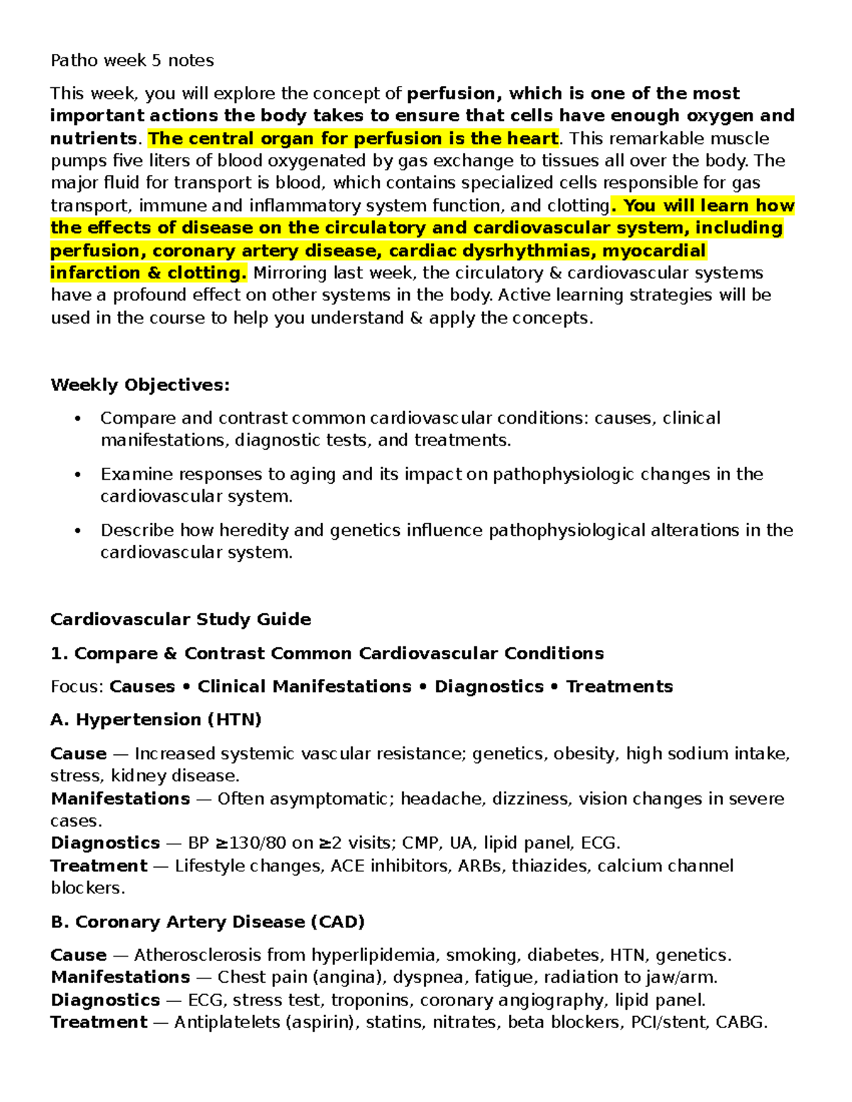 Patho 5 Study Guide: Cardiovascular Conditions & Perfusion Concepts ...