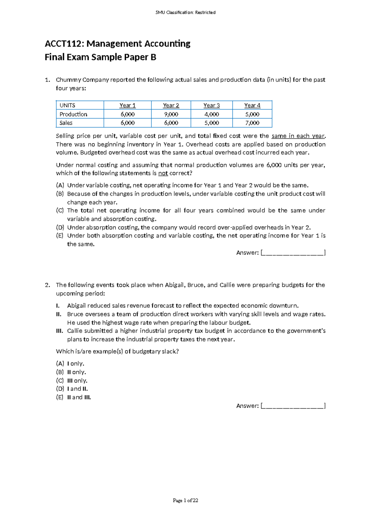 ACCT112: Management Accounting Final Exam Sample Paper B - Studocu