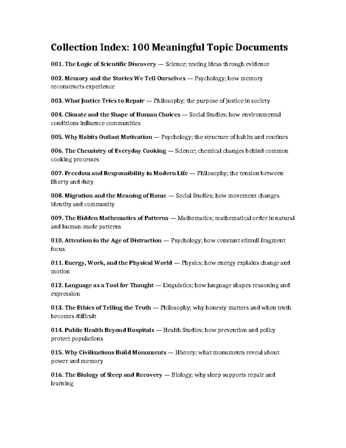 Collection Index: 100 Meaningful Topics for Study and Discussion - Studocu