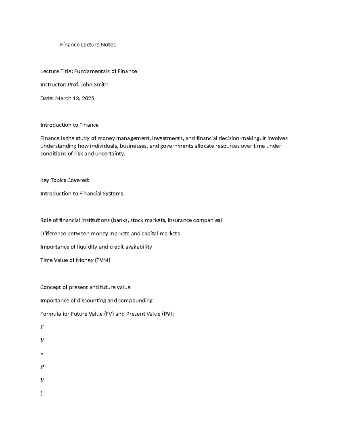 FINC 101 - Finance Lecture Notes: Fundamentals of Finance Overview ...