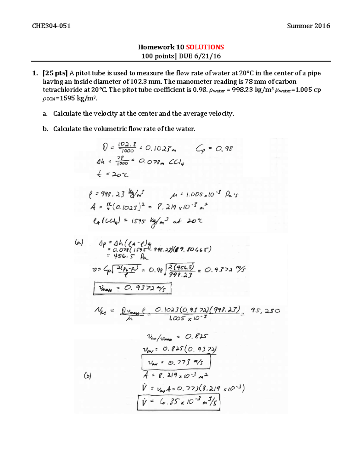 Homework 10 Solutions for Fluid Mechanics (ENG 214) - 100 Points - Studocu