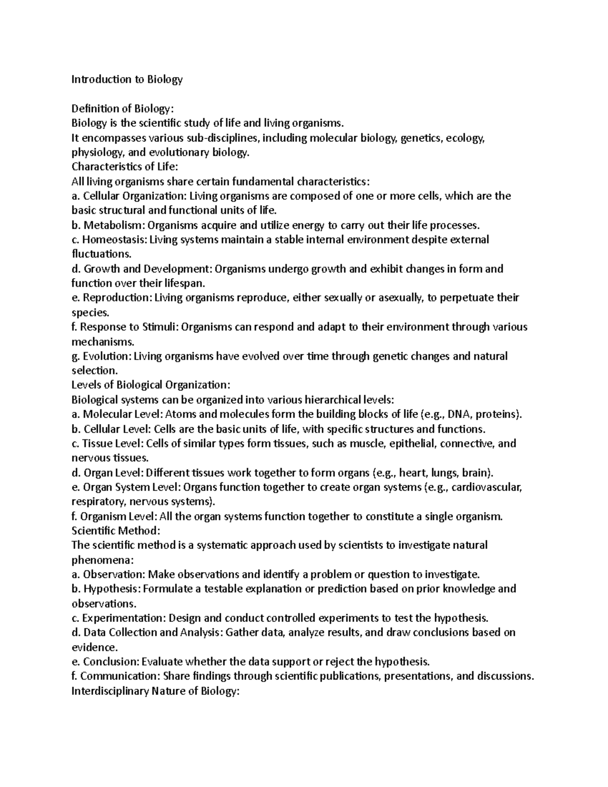Biology 101: Overview of Key Concepts and Characteristics of Life - Studocu