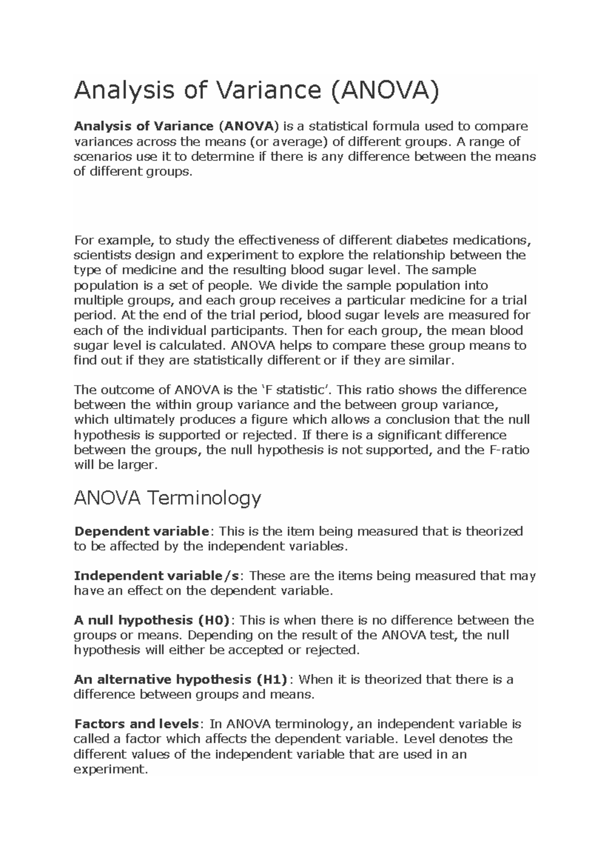 Analysis of Variance (ANOVA) - DVA Study Notes and Applications - Studocu