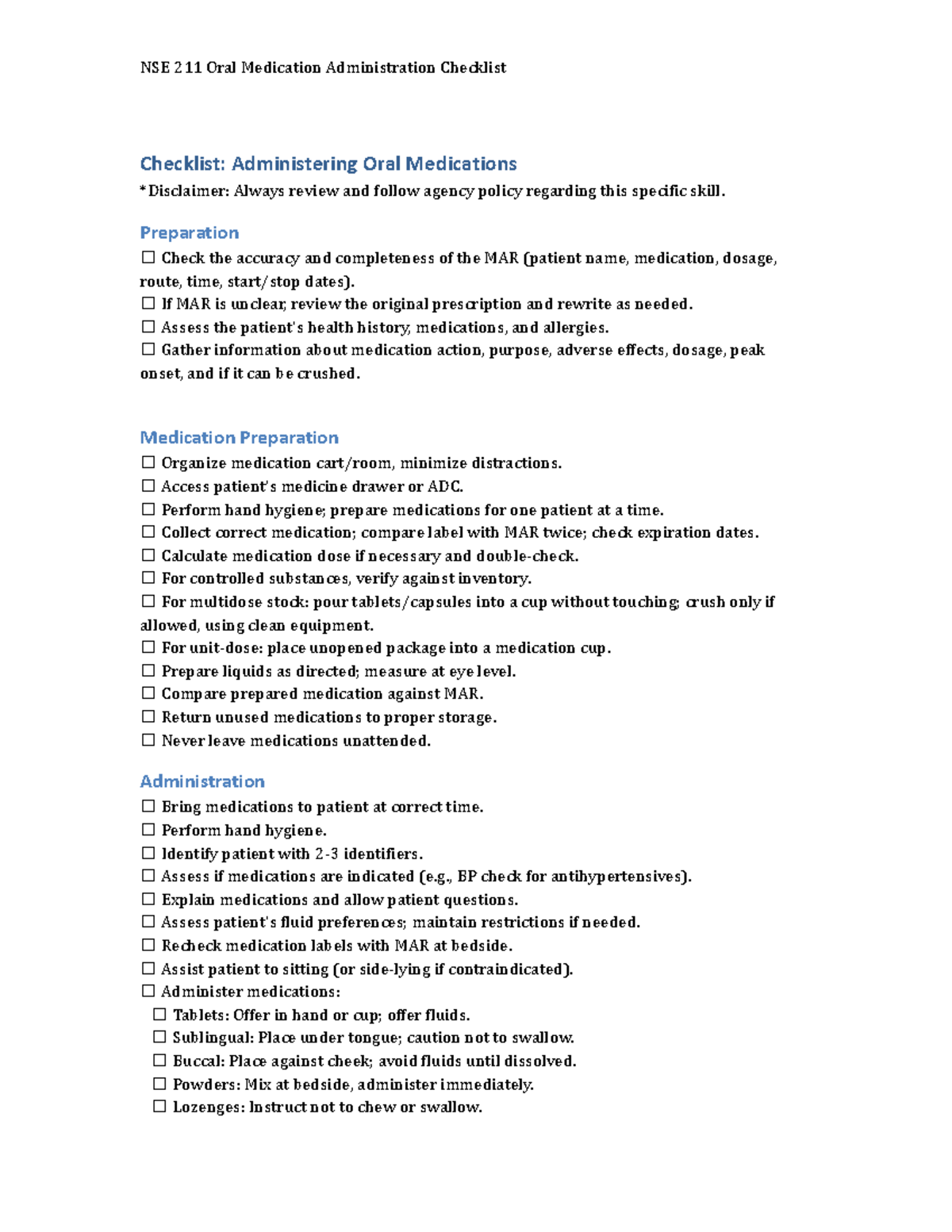 NSE 211 Oral Medication Administration Checklist Guide - Studocu