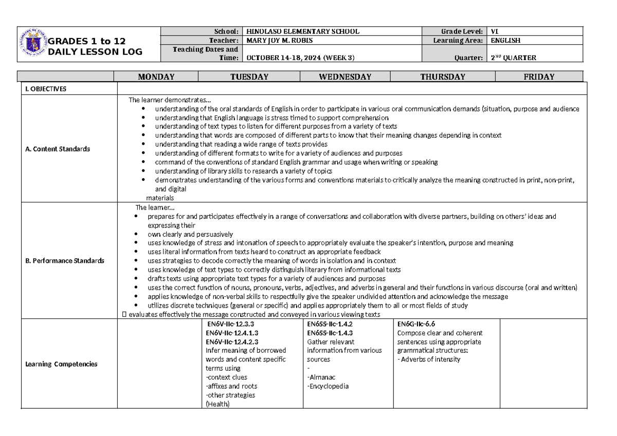 DLL English 6 Q2 W3 - Daily Lesson Log for Grade VI - Studocu