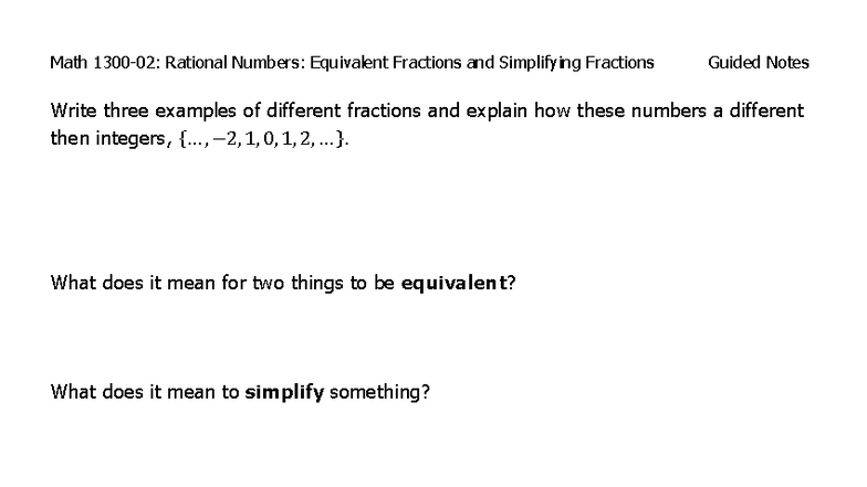 Math 1300-02: Guided Notes on Rational Numbers and Fractions - Math ...