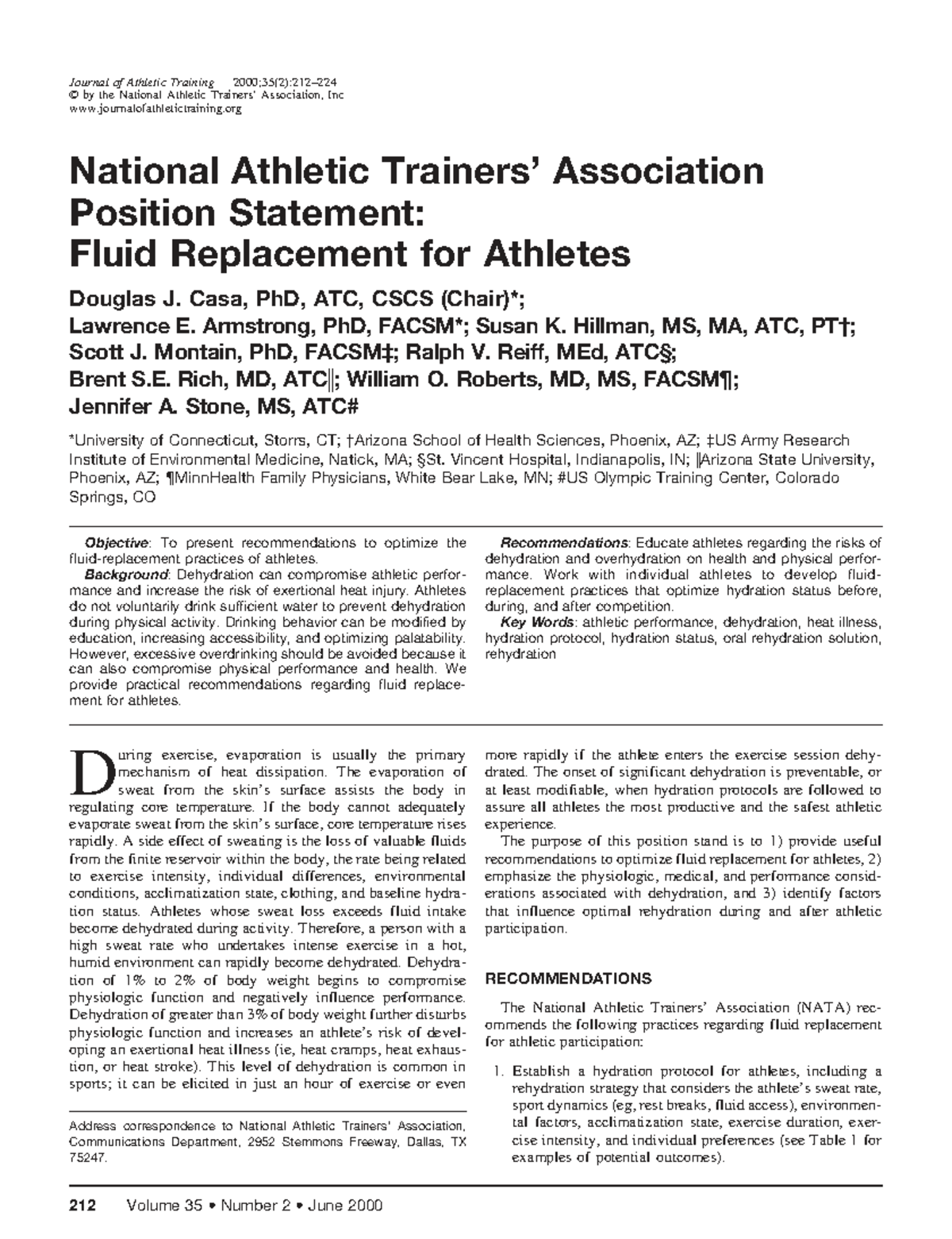 NATA Position Statement: Fluid Replacement Guidelines for Athletes ...