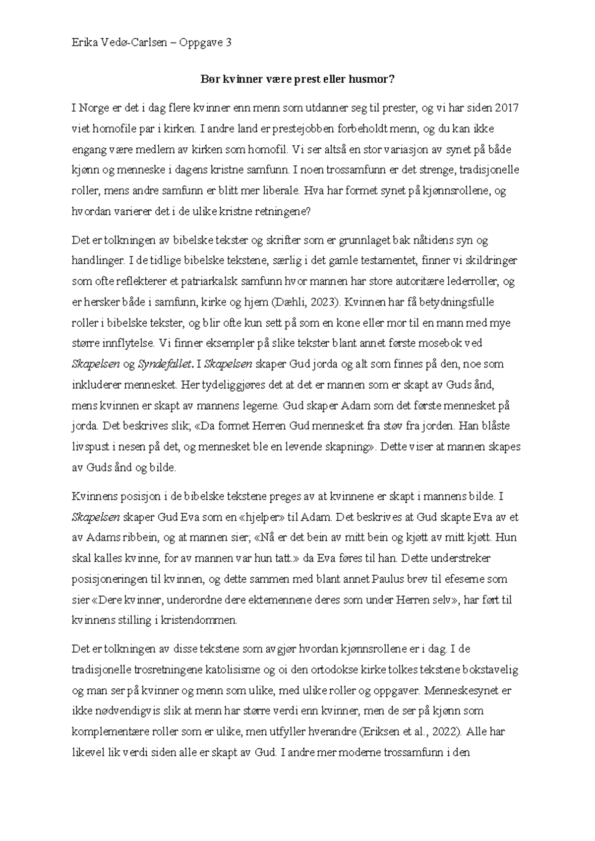 Sammenligning av Kjønnsroller i Ulike Kristne Retninger - Oppgave 3 ...