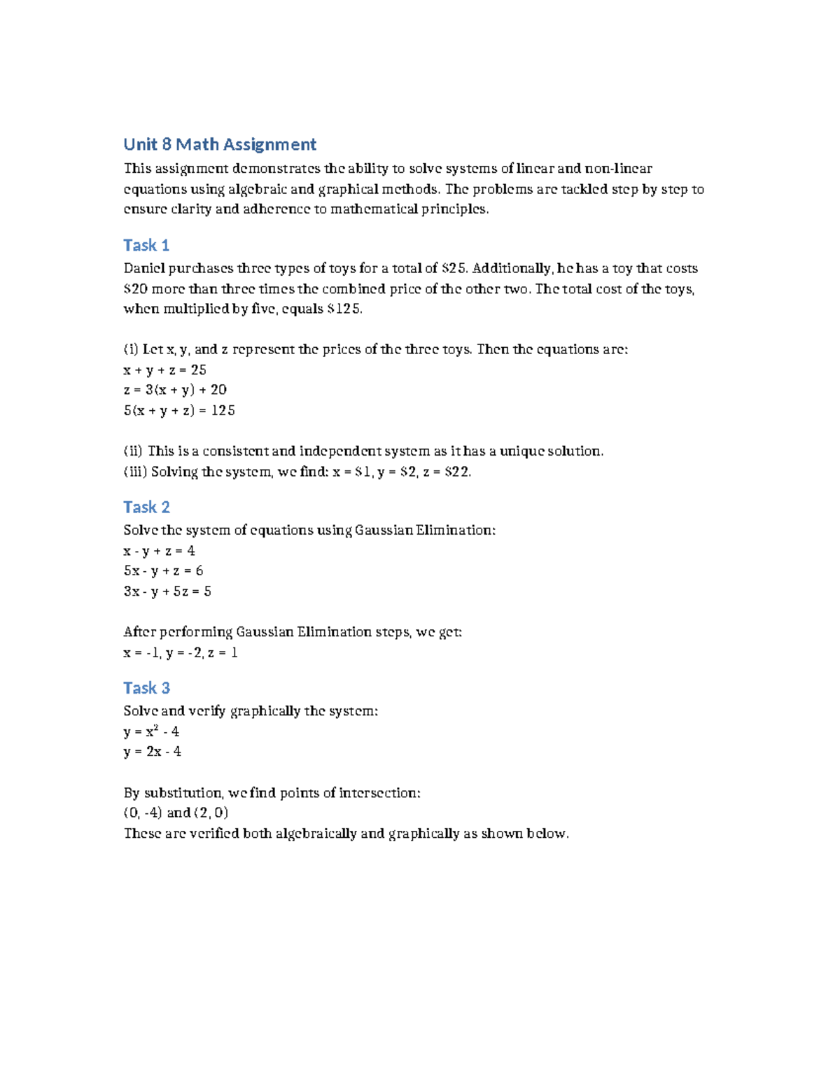 Unit 8 Math Assignment: Solving Linear Systems with Graphs & Algebra ...