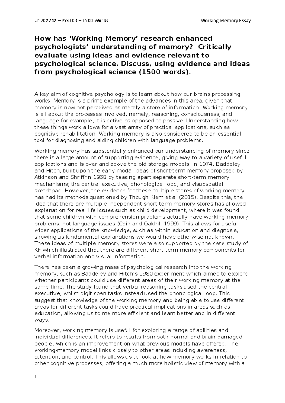 Memory essay - Grade: 1st - How has ‘Working Memory’ research enhanced ...