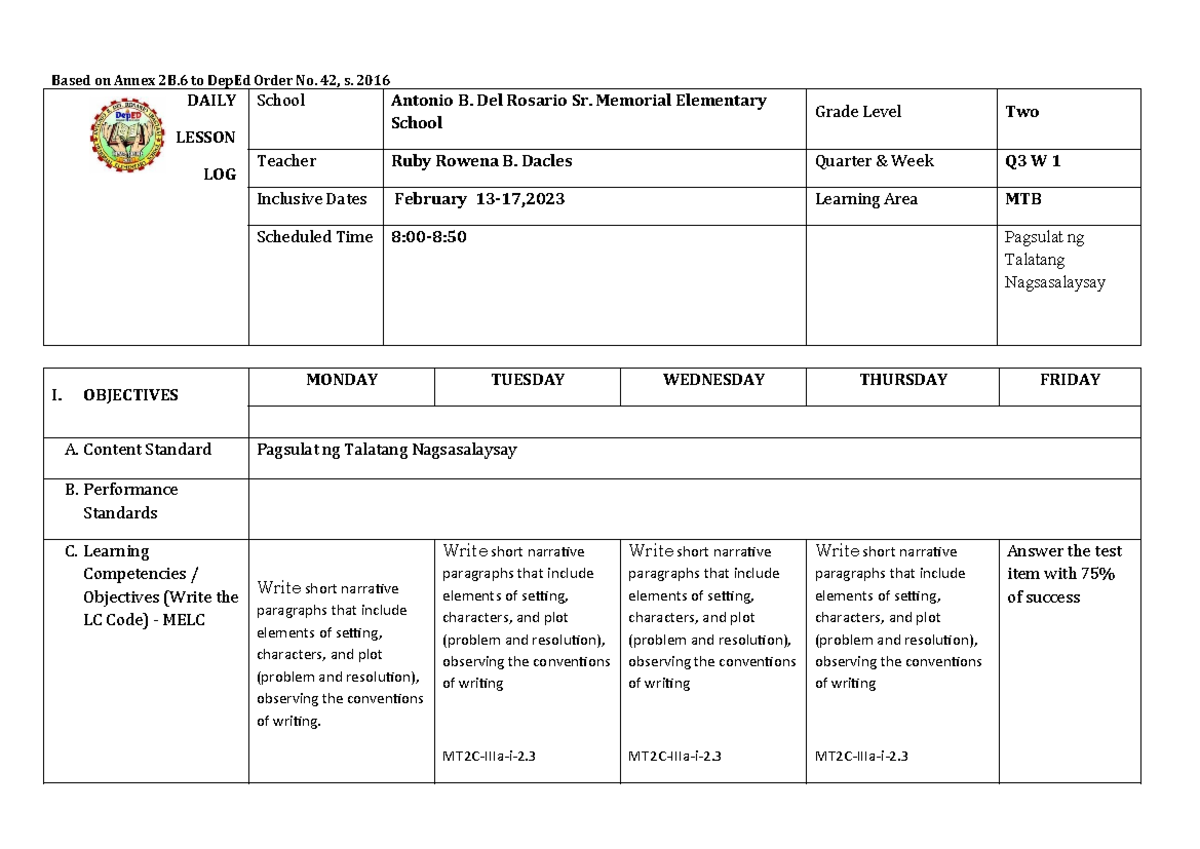 LEC 2 - Daily Lesson Log on Narrative Paragraph Writing - Studocu