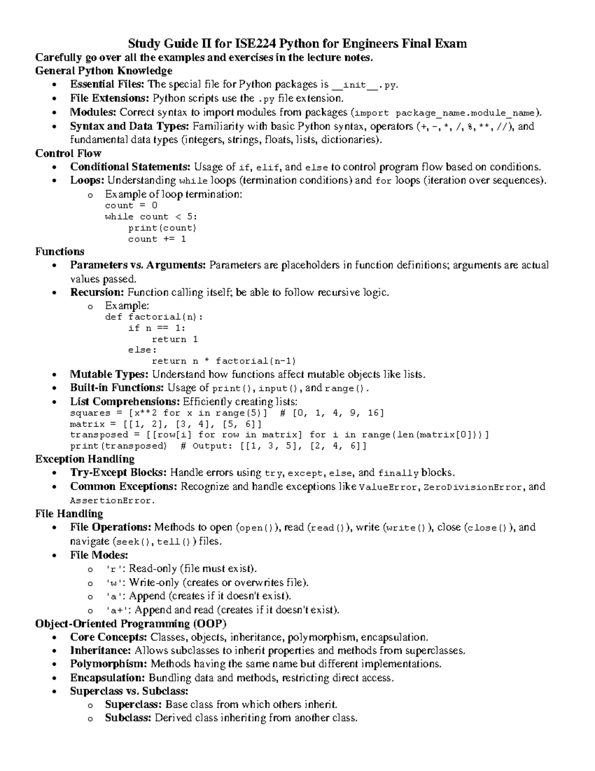 Study Guide II for ISE224 Python for Engineers Final Exam Overview ...