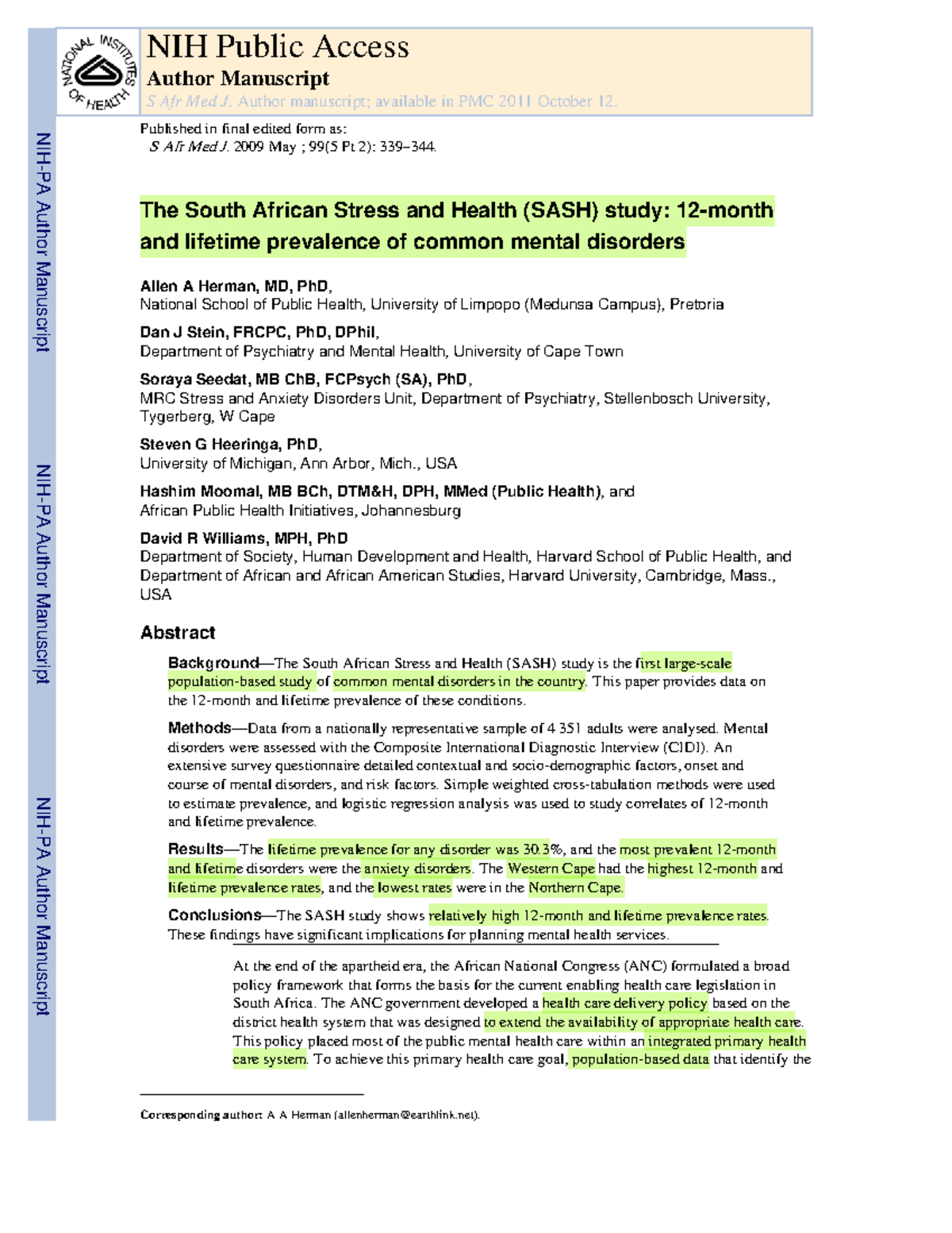 SASH Study: Lifetime Prevalence of Mental Disorders in South Africa ...