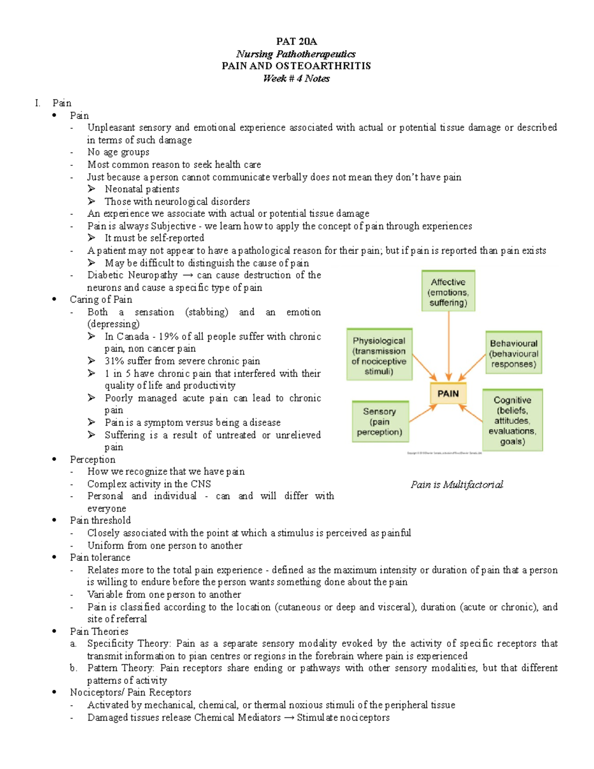 PAT20A-102 Week 4 Lecture Notes on Pain and Osteoarthritis - Studocu