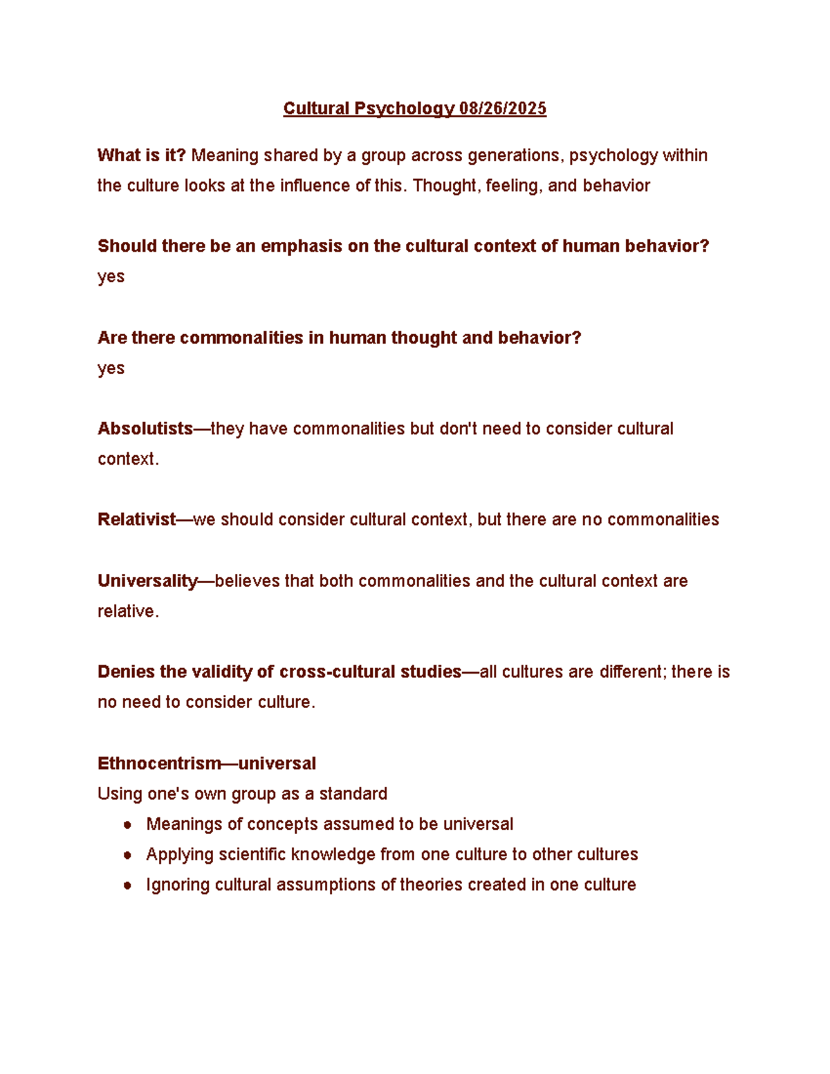 Cultural Psychology Notes and Concepts (PSY 210) - Studocu