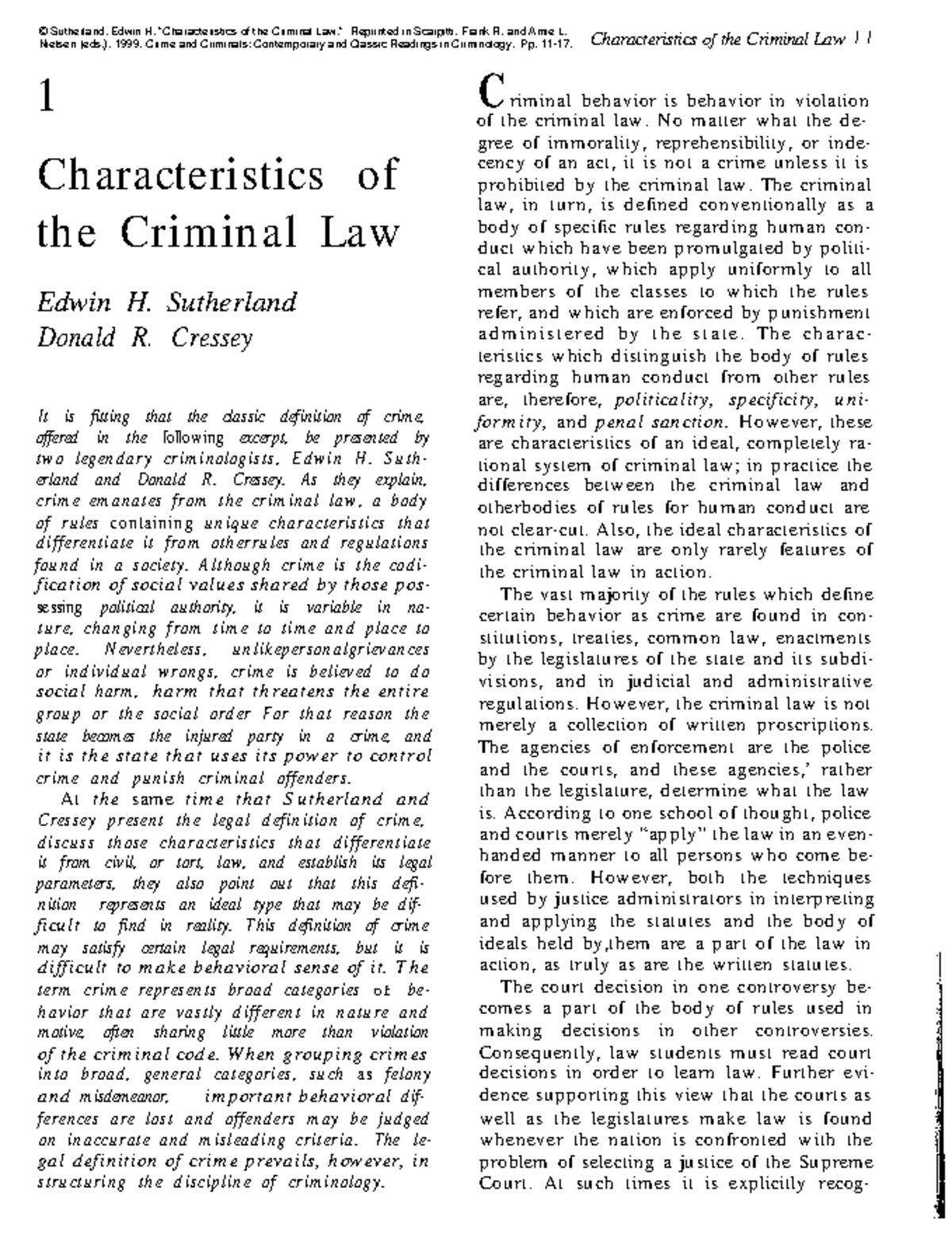 Characteristics of Criminal Law by Sutherland & Cressey - Studocu