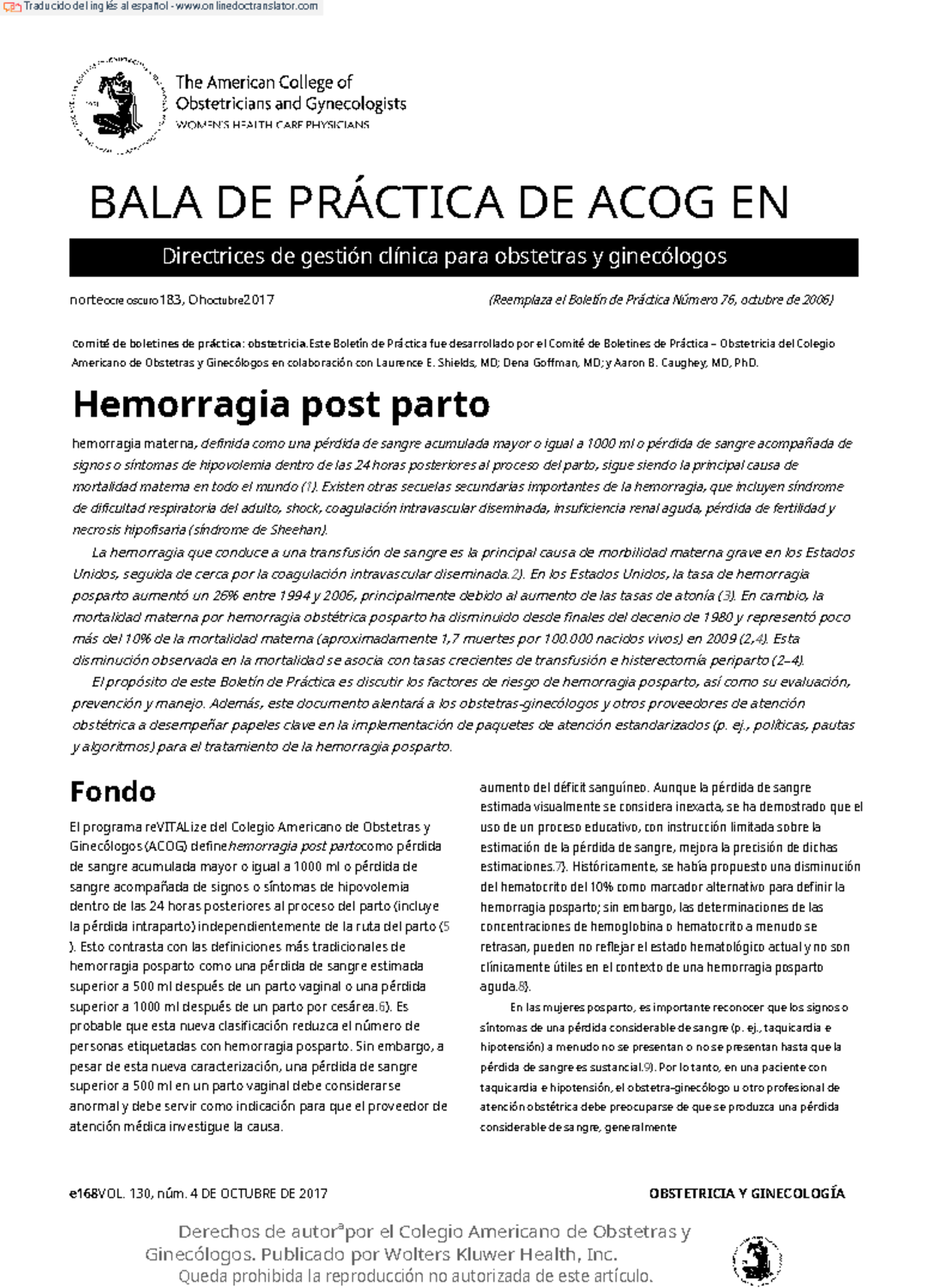 Boletín de Práctica ACOG sobre Hemorragia Postparto: Evaluación y Manejo - Document Preview
