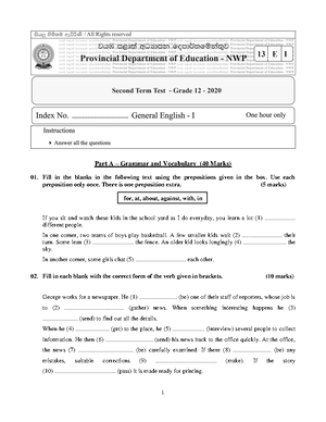 Grade 09 Health 3rd Term Test Paper 2019 English Medium – North Western ...