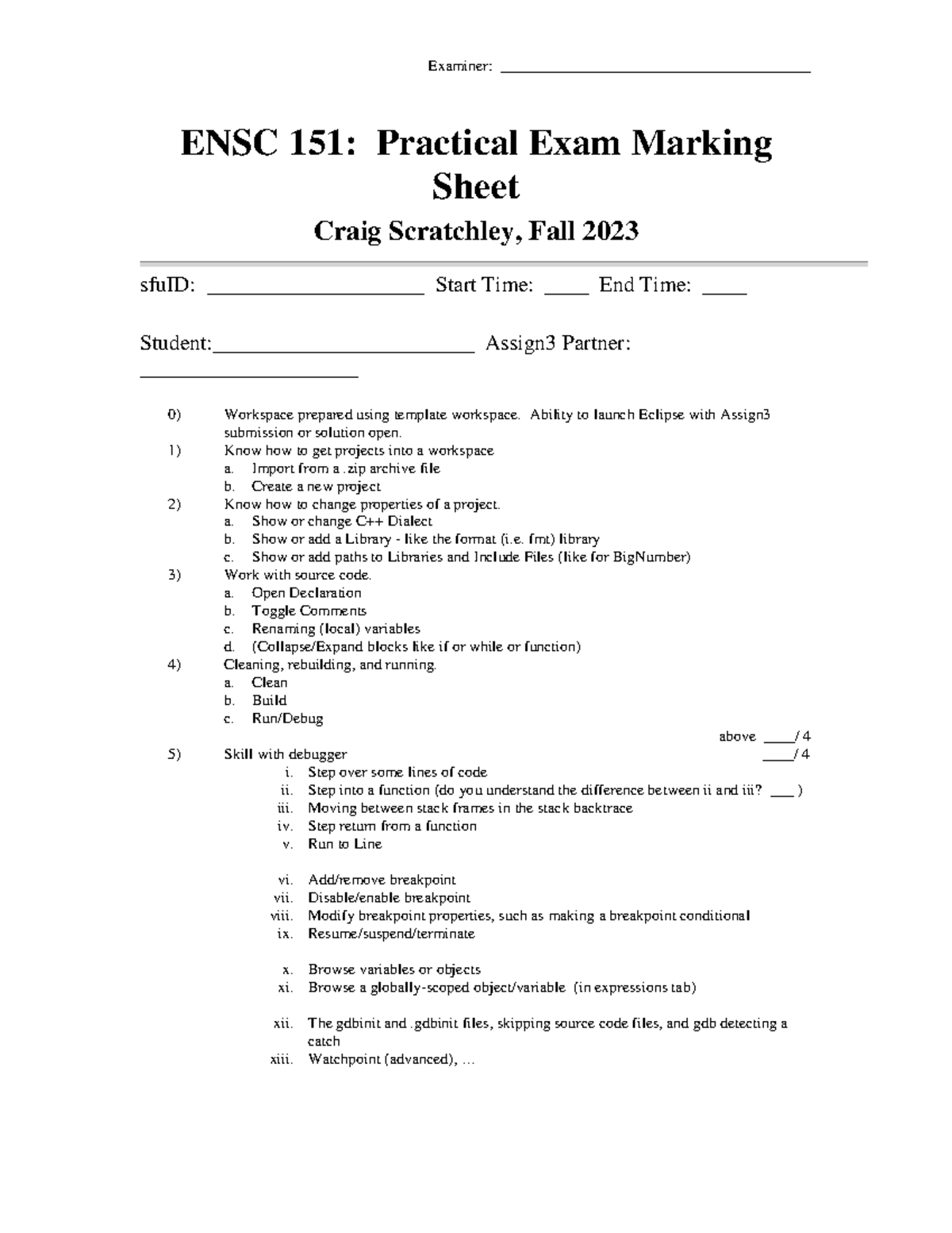 ENSC 1 51: Fall 2023 Practical Exam Marking Sheet for Assessment - Studocu